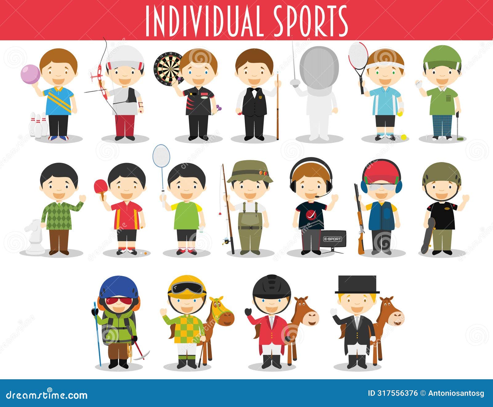  set of individual sports in cartoon style