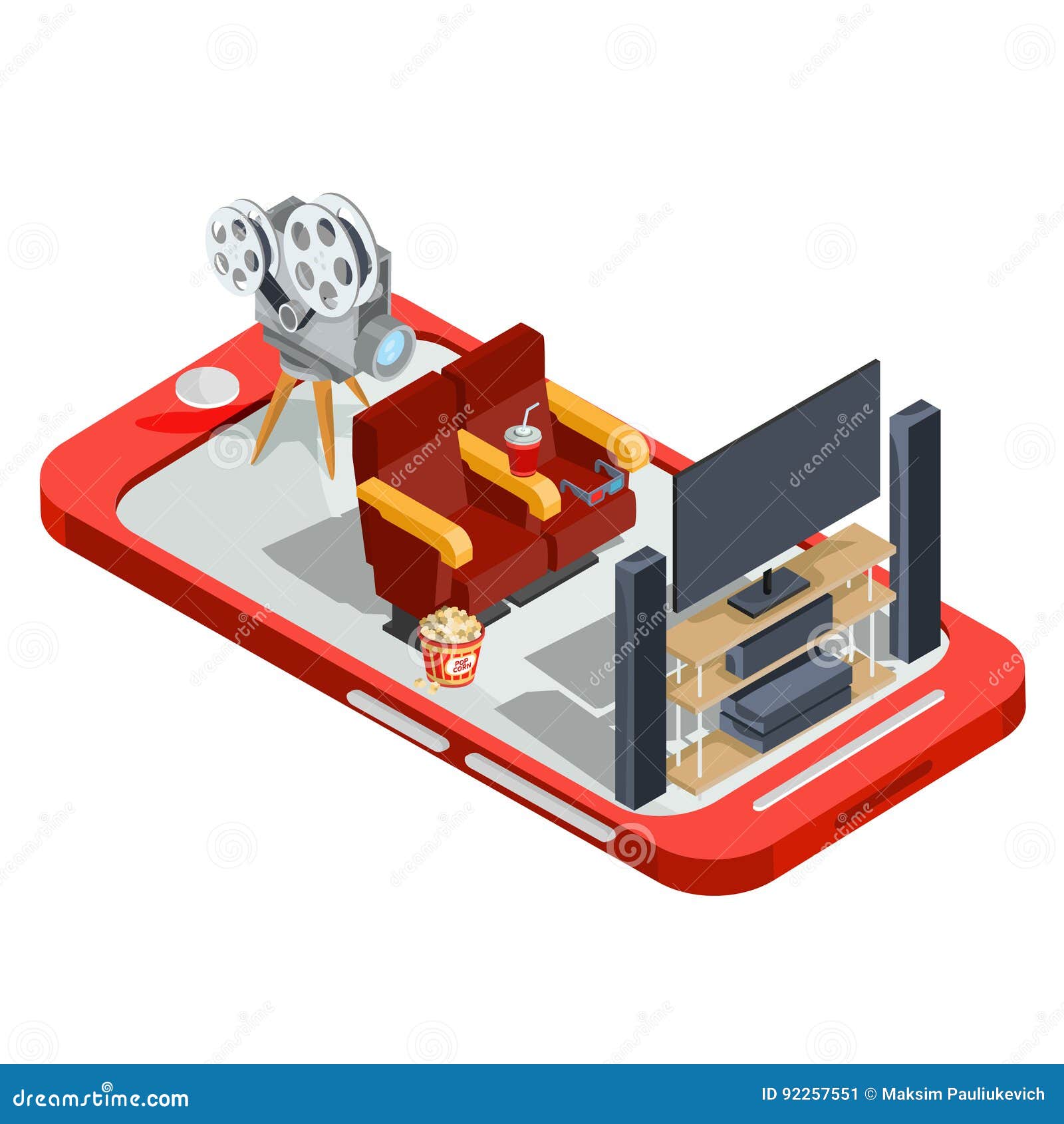 Vector Set of Isometric Illustrations Watching a Movie in the Home