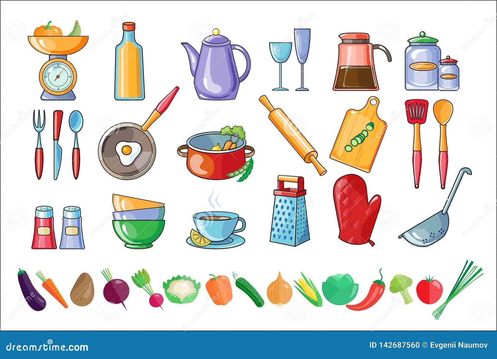 Vector Set of Kitchen Utensils and Fresh Vegetables. Tools and