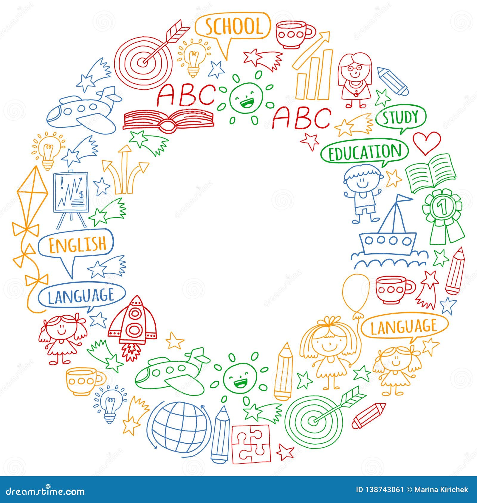 Vector Set Of Learning English Language Children`s Drawing Icons In