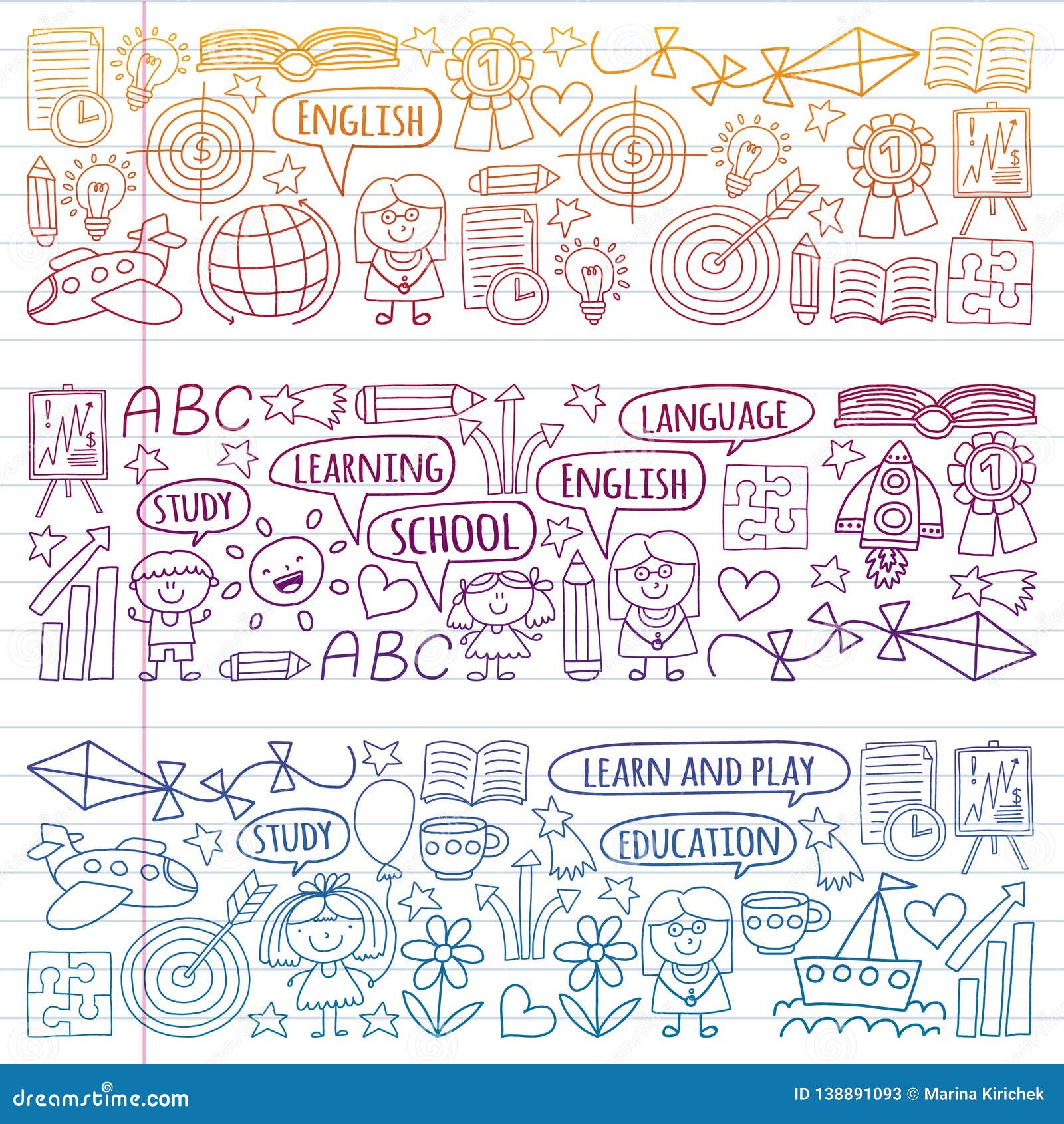 Vector Set Of Learning English Language Children`s Drawingicons In