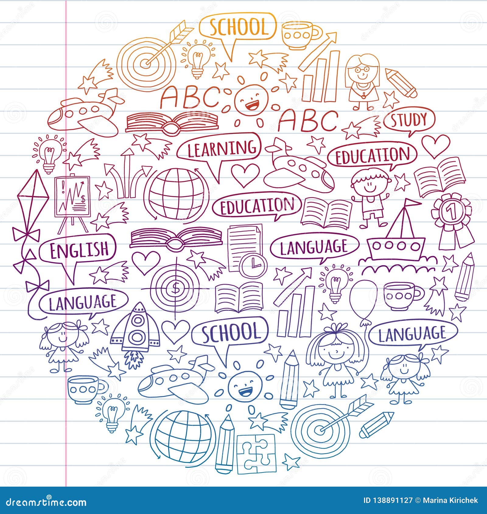 Vector Set Of Learning English Language Children S Drawingicons In Doodle Style Painted Colorful Gradient On A Piece Stock Vector Illustration Of Alphabet Kids