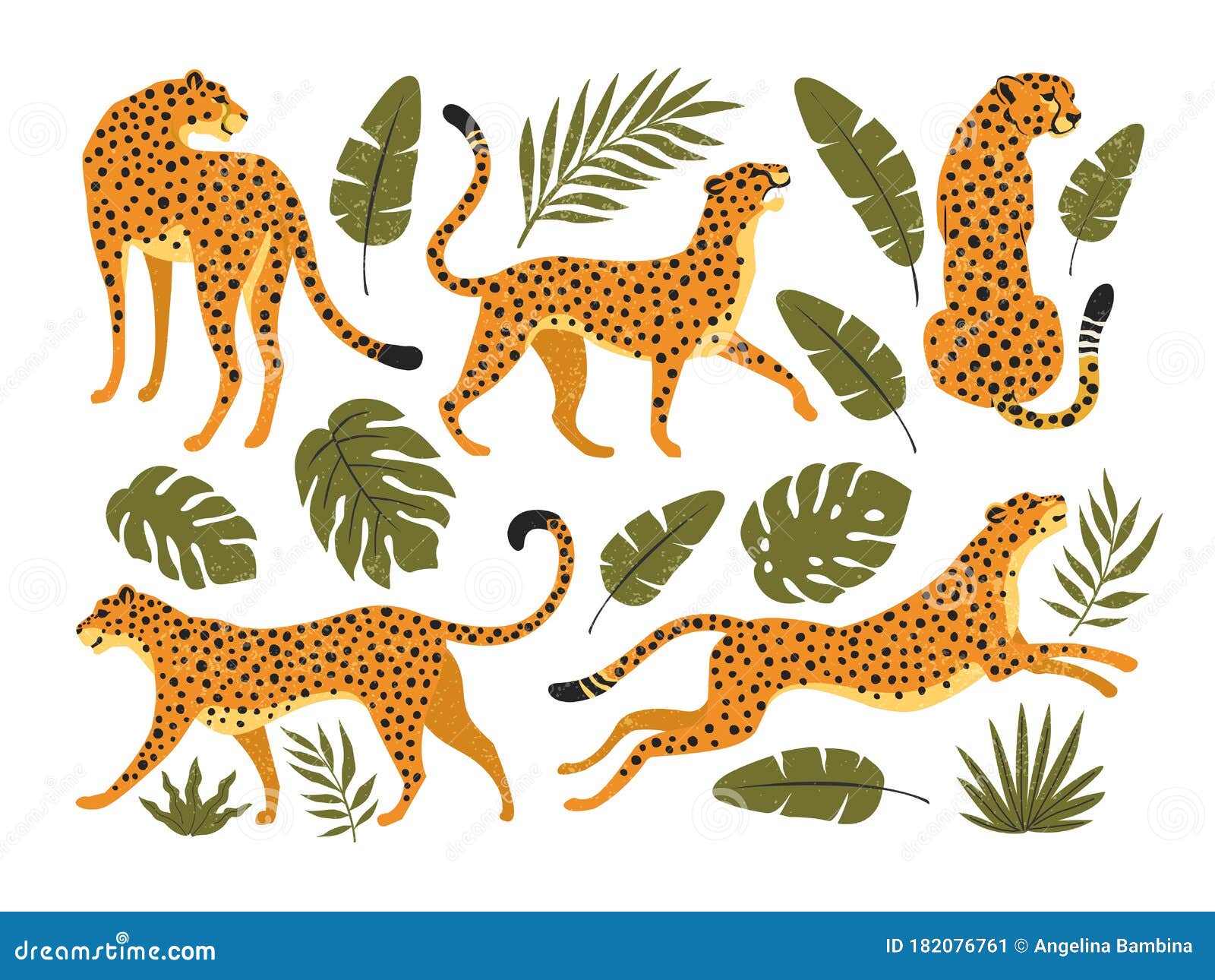 set of leopards or cheetahs and tropical leaves.