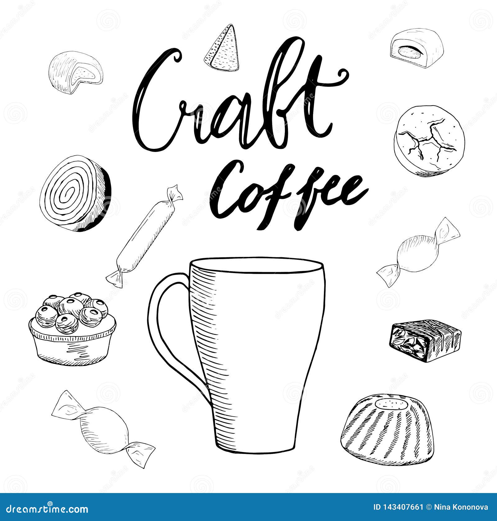 Vector Set of Line Drawing Candy, Sketch on White Background, Design