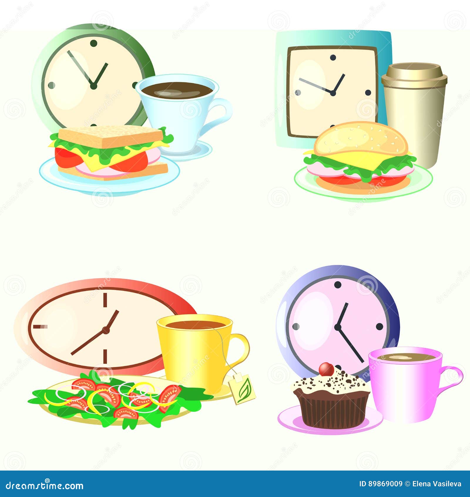 Illustration about Vector sets of business or school foods, lunch time. 