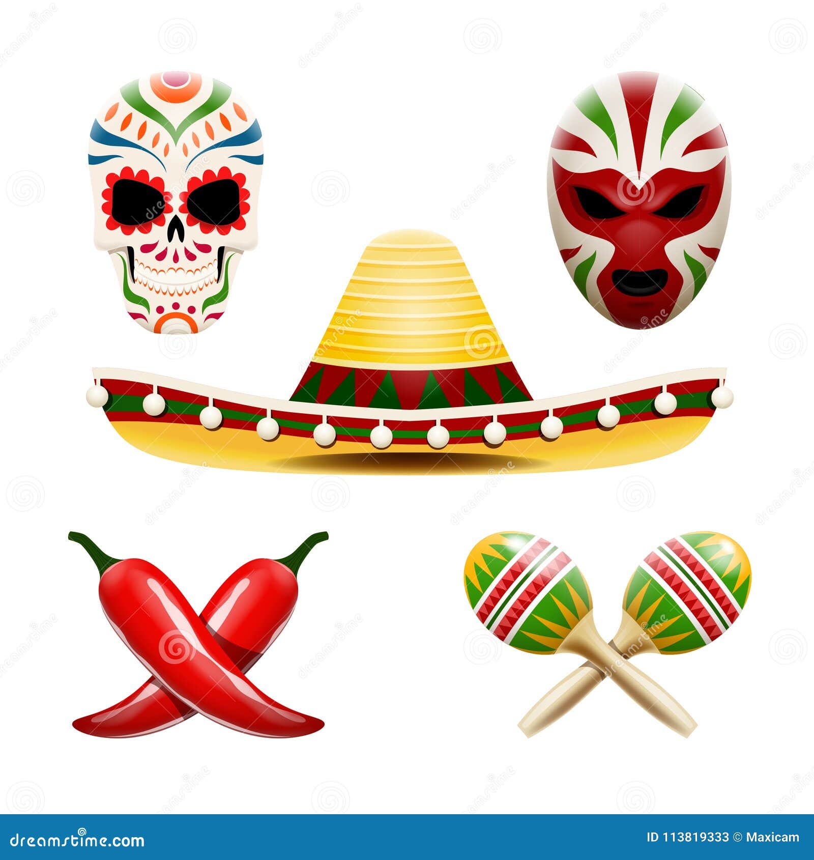  set of mexican s such as sombrero, maracas, chili peppers, sugar skull calavera and wrestler mask.