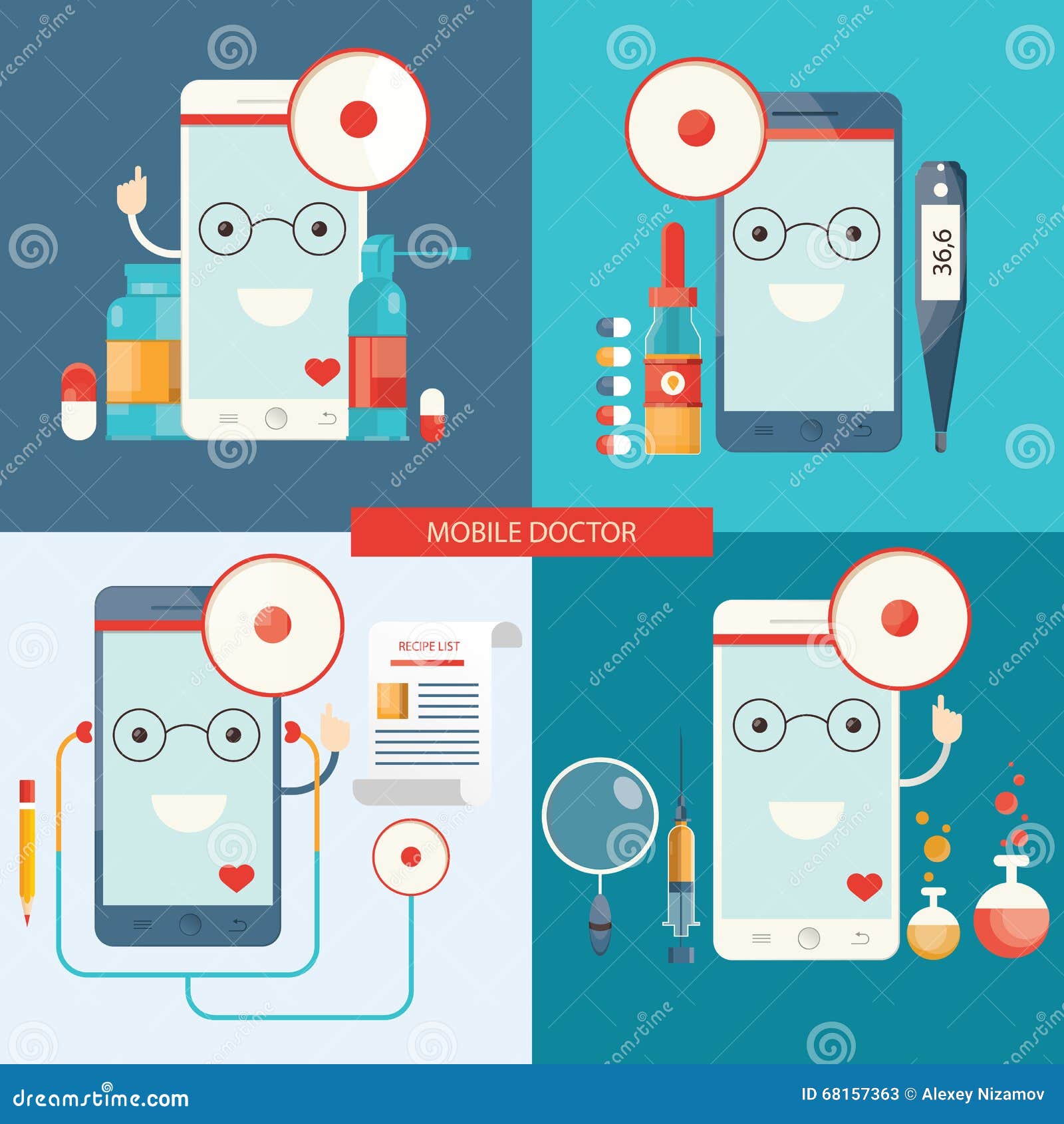 Vector Set of Mobile Doctor, Healthcare. Stock Illustration