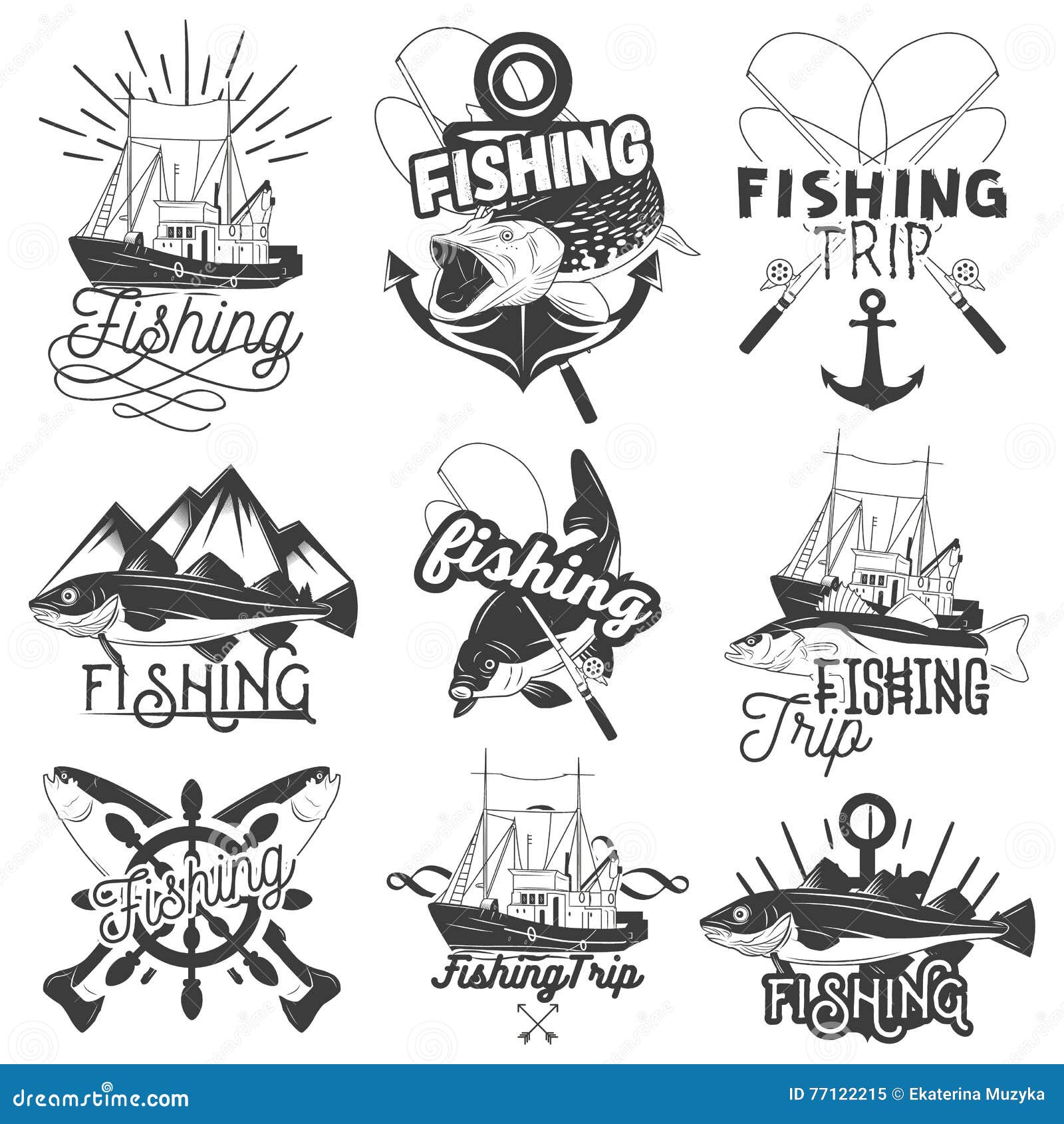 Download Vector Set Of Monochrome Fishing Trip Emblems. Isolated ...