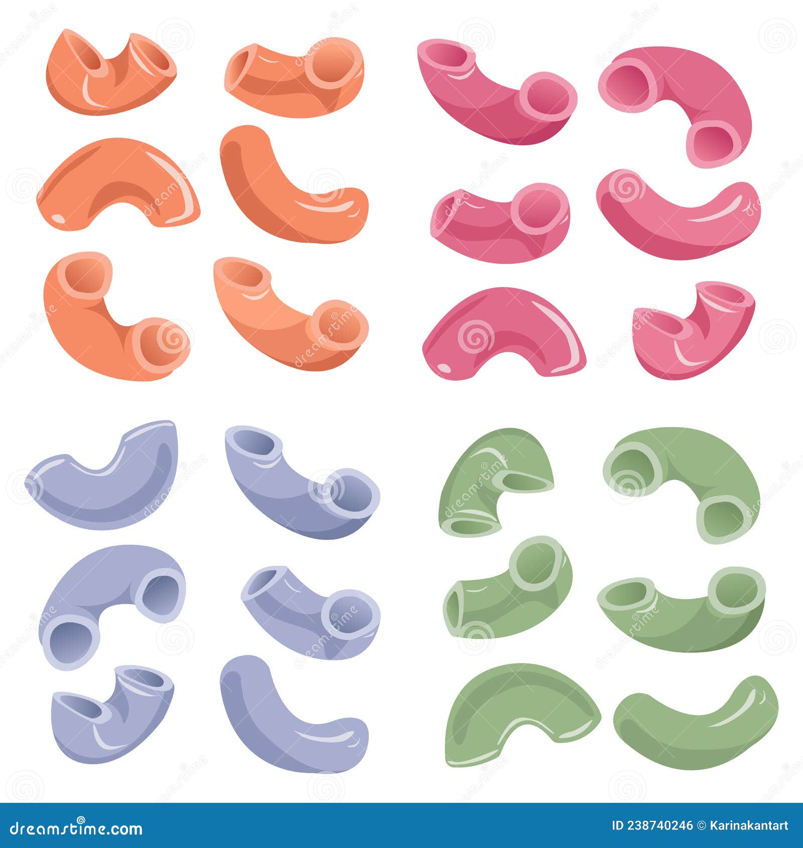 Vector Set of Multicolored Elbow Pasta Isolated on White Background