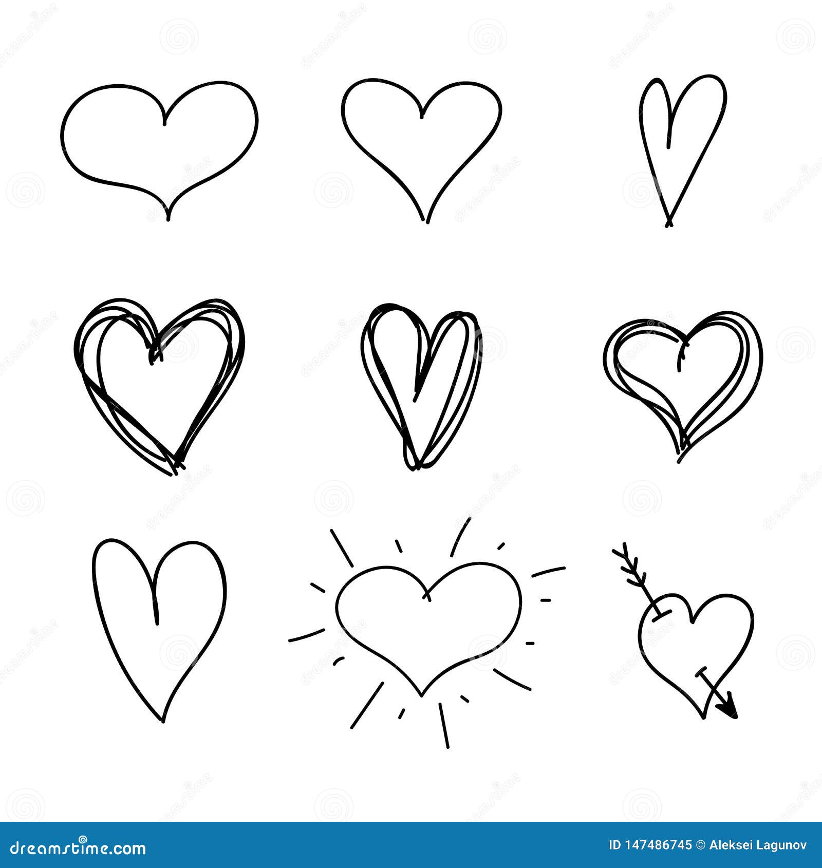  set of nine hand drawn hearts, handdrawn rough marker icons, black drawings .