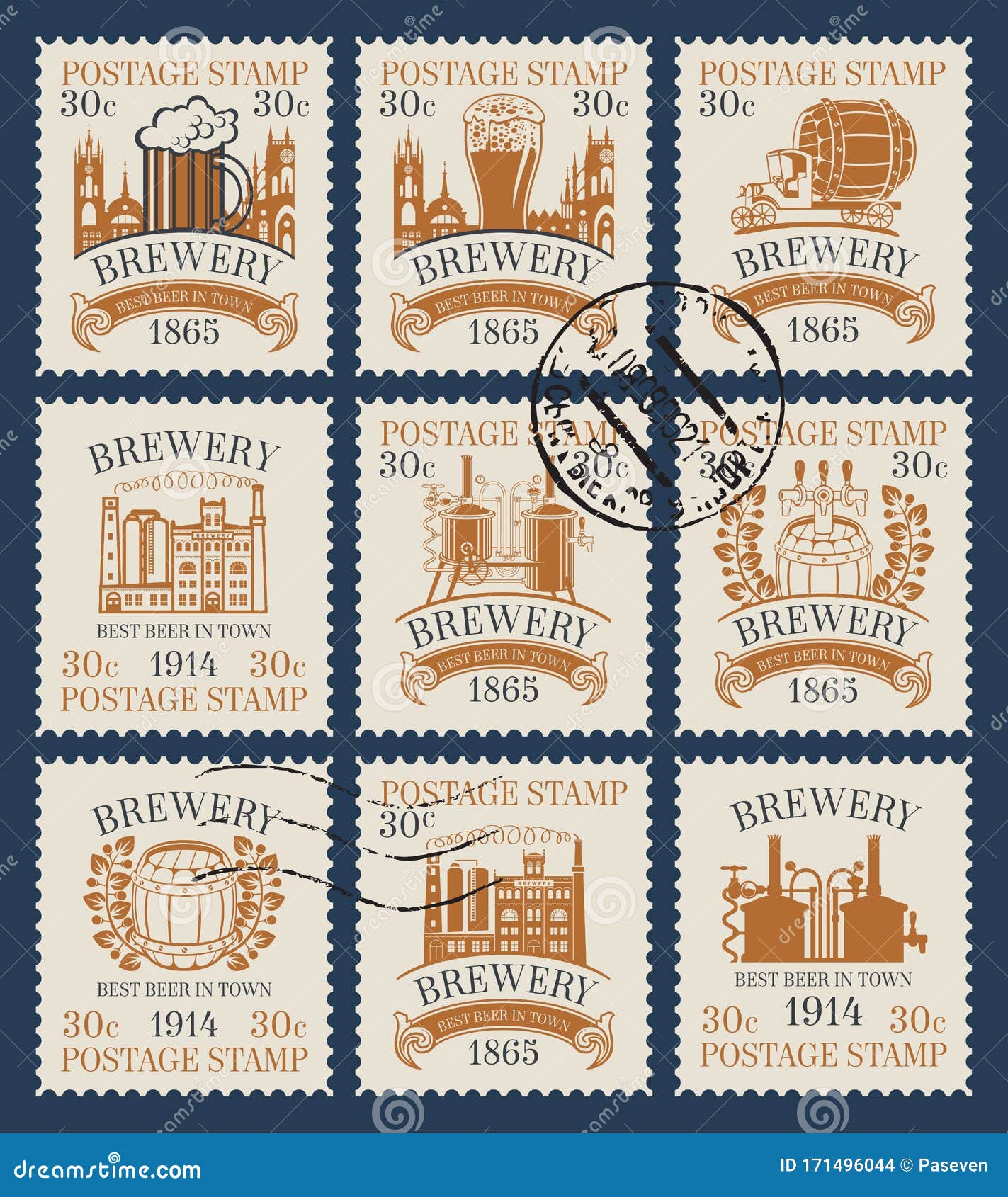 Postage Stamps on the Theme of Beer and Brewery Stock Vector