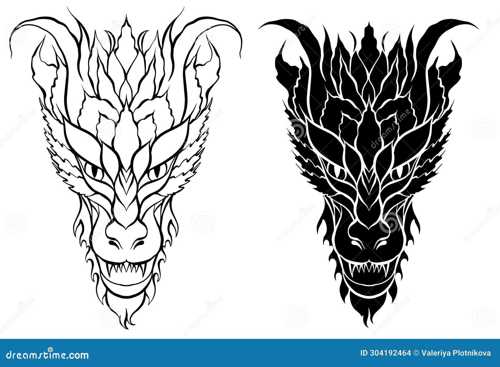 Vector Set of Outline and Black Silhouette Cliparts of a Roaring Dragon ...