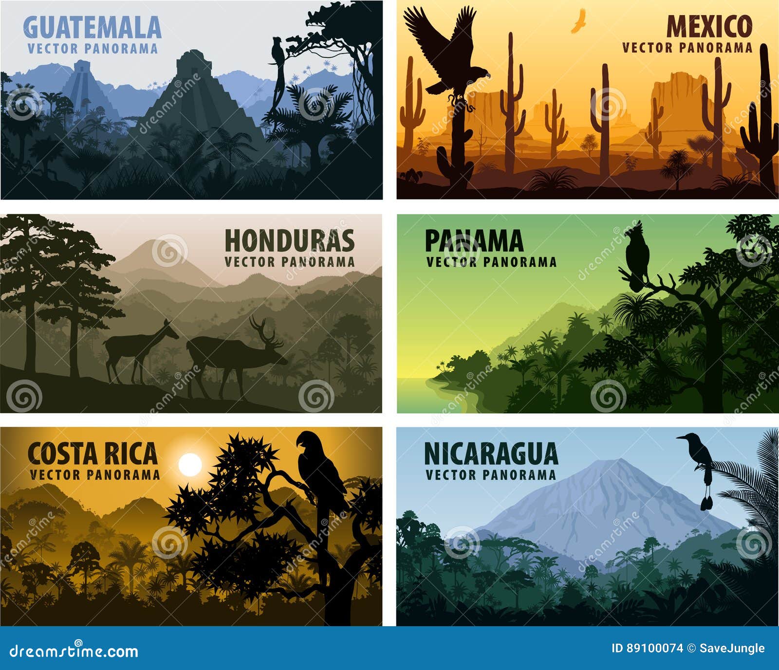  set of panorams countries central america - guatemala, mexico, honduras, nicaragua, panama, costa rica
