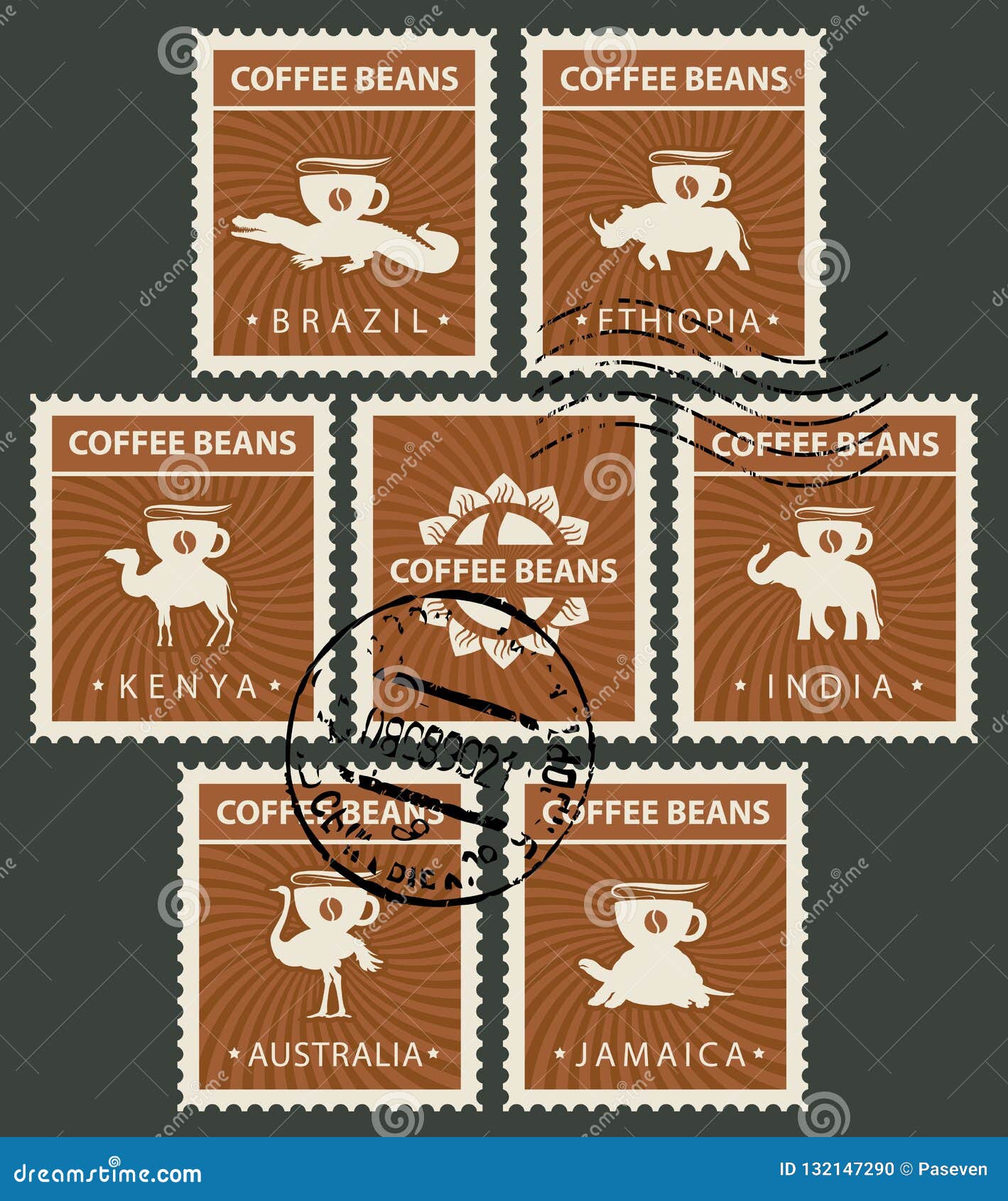Postage Stamps on the Theme of Coffee with Animals Stock Vector