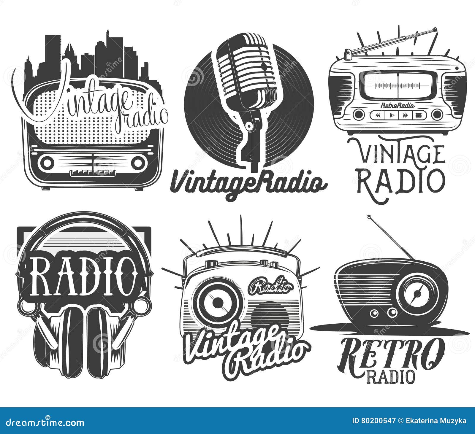 Vector Set of Radio and Music Labels in Vintage Style Isolated on White ...