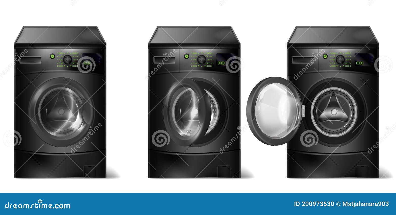 Vector Set Of Realistic Black Washing Machines Stock
