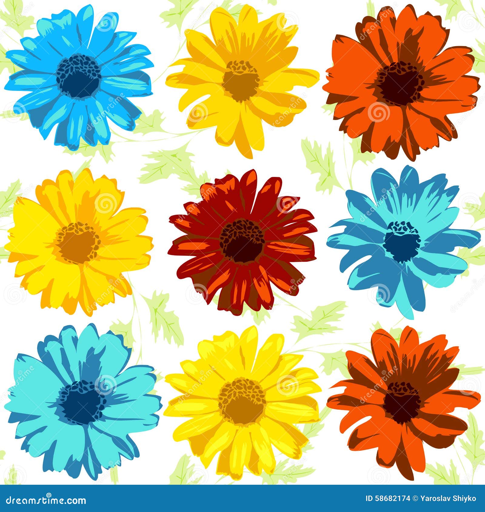 Vector Set of Realistic Flowers in Yellow, Red and Blue Colors Stock