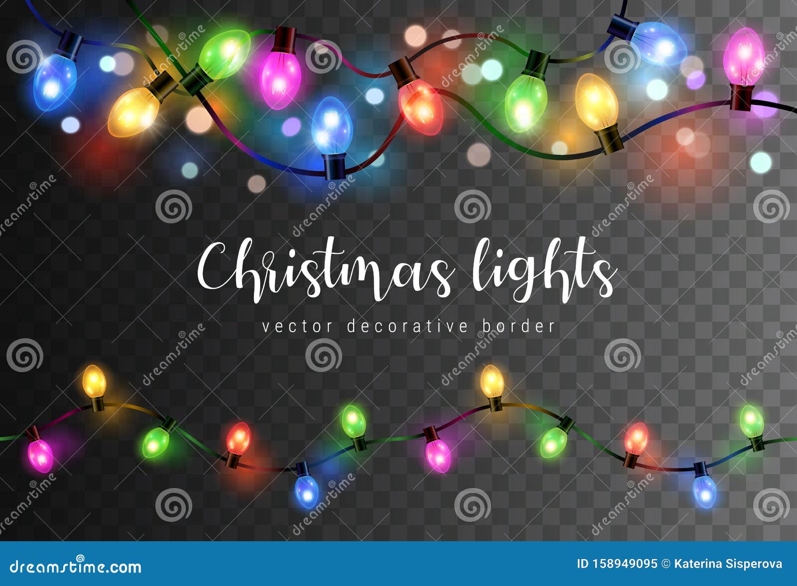  set of realistic glowing colorful christmas lights in seamless pattern  on dark background
