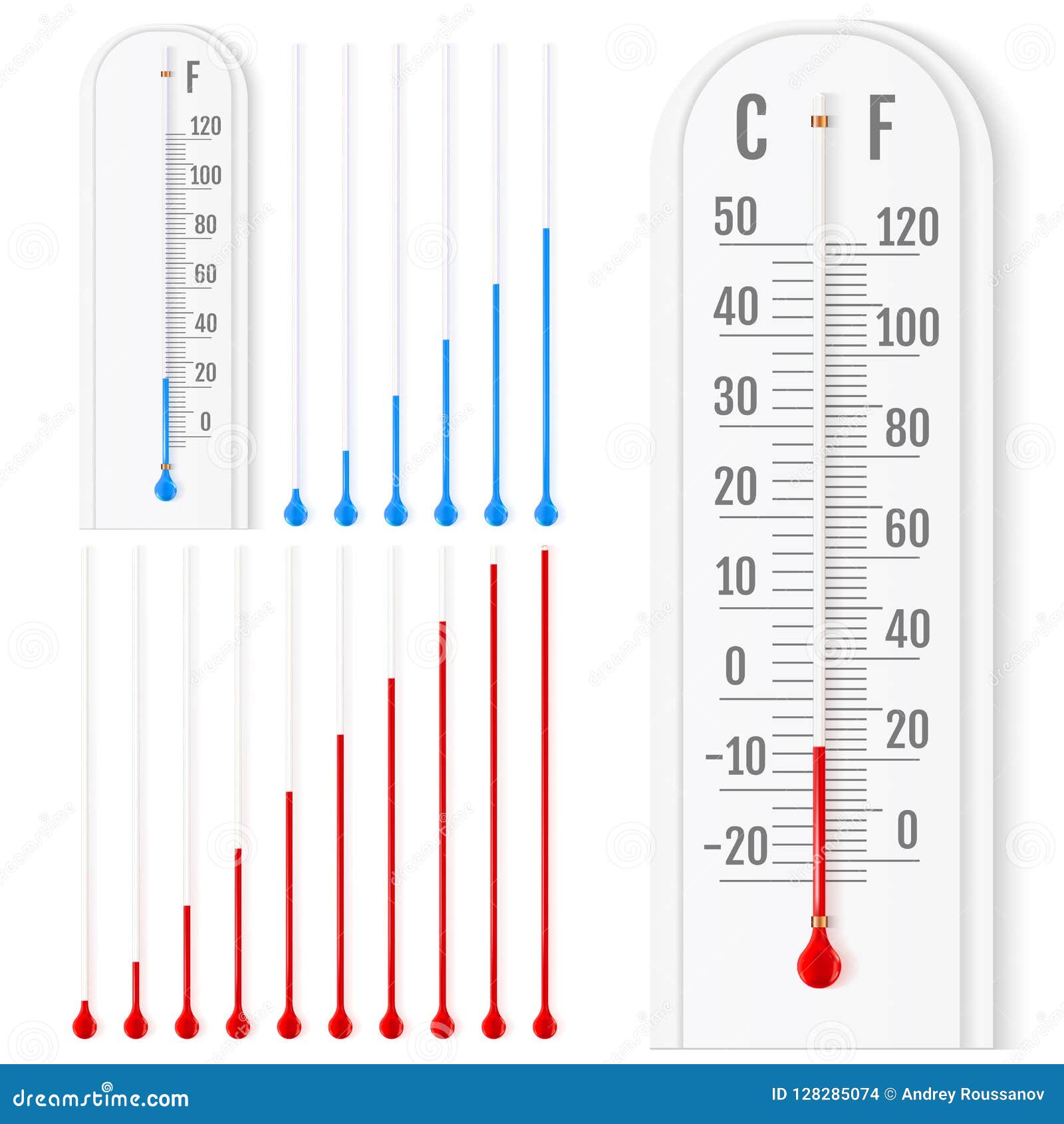 Vector Set of Realistic Liquid Thermometers with Celsius and Fahrenheit