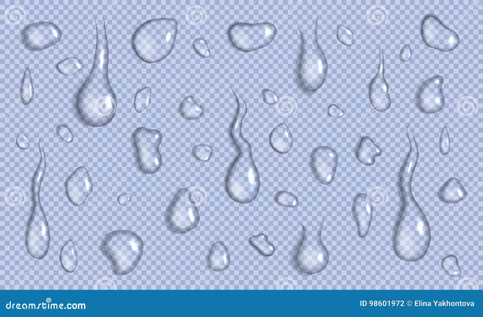  set of realistic water drops and splash different sizes on a transparent background, condensation of rain, .