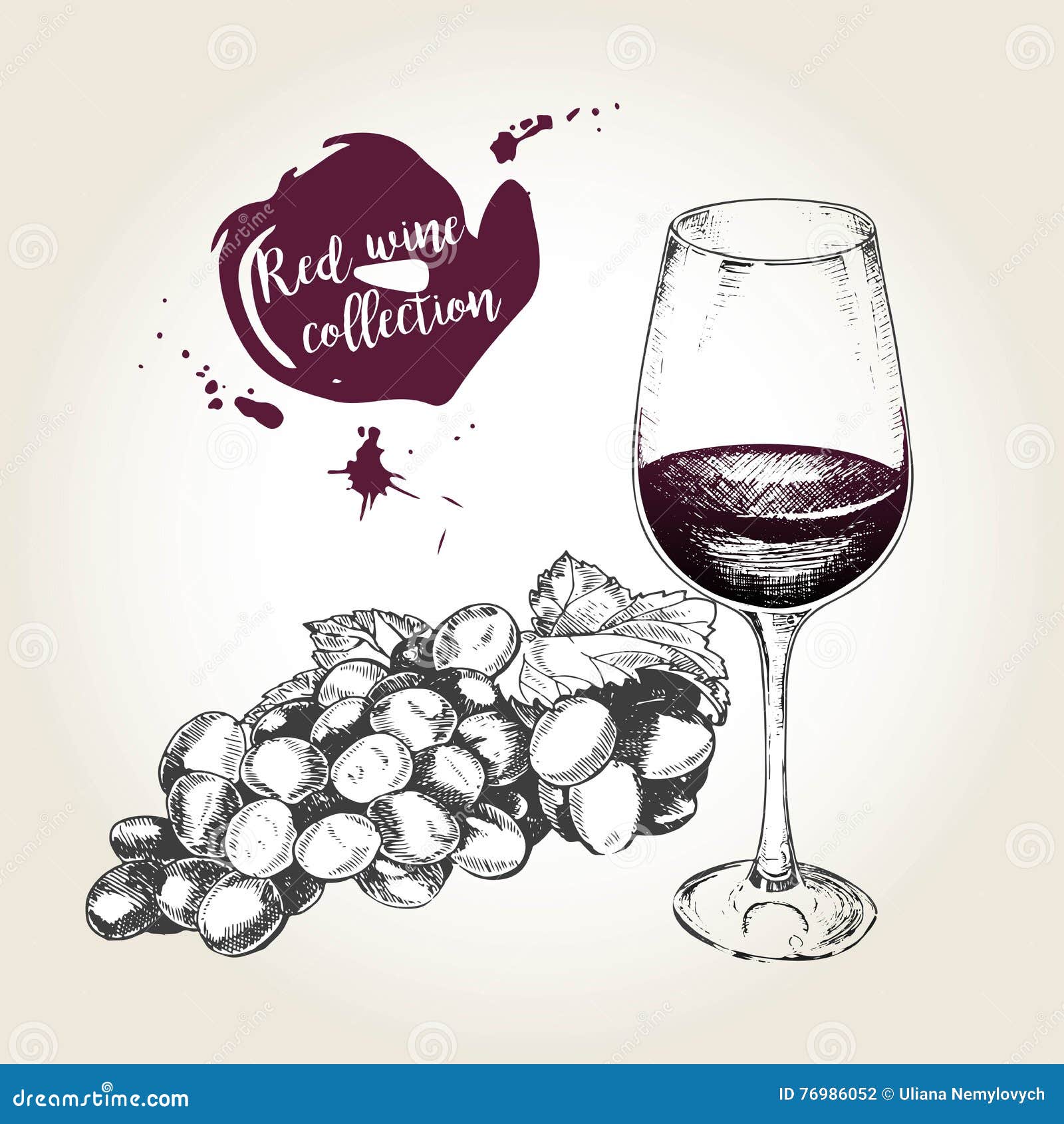 Vector Set of Red Wine in Vintage Style. Bottle, Glass and Grape. Use ...