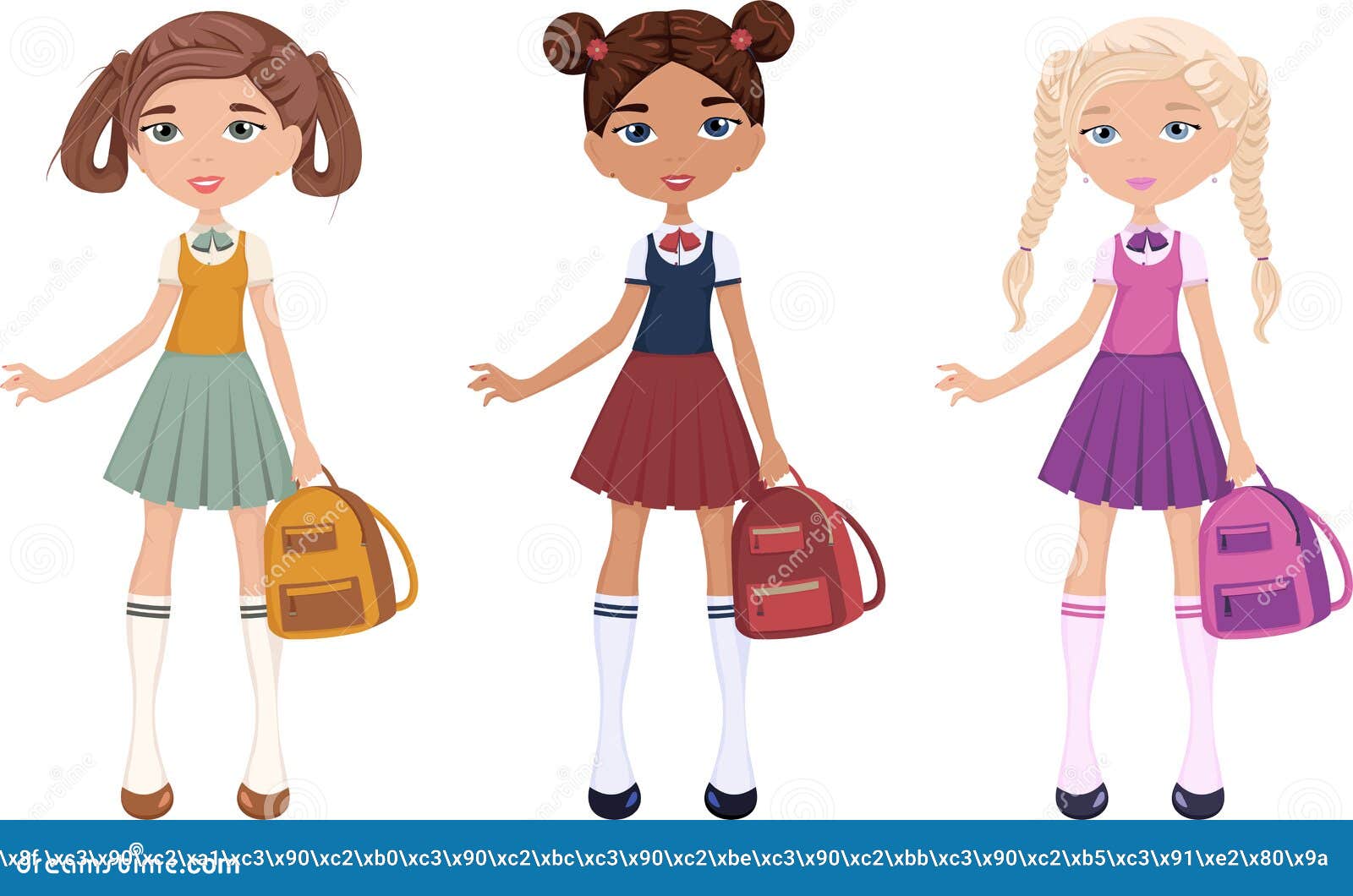 Vector Set of Schoolgirls with a Backpack and Different Hairstyles