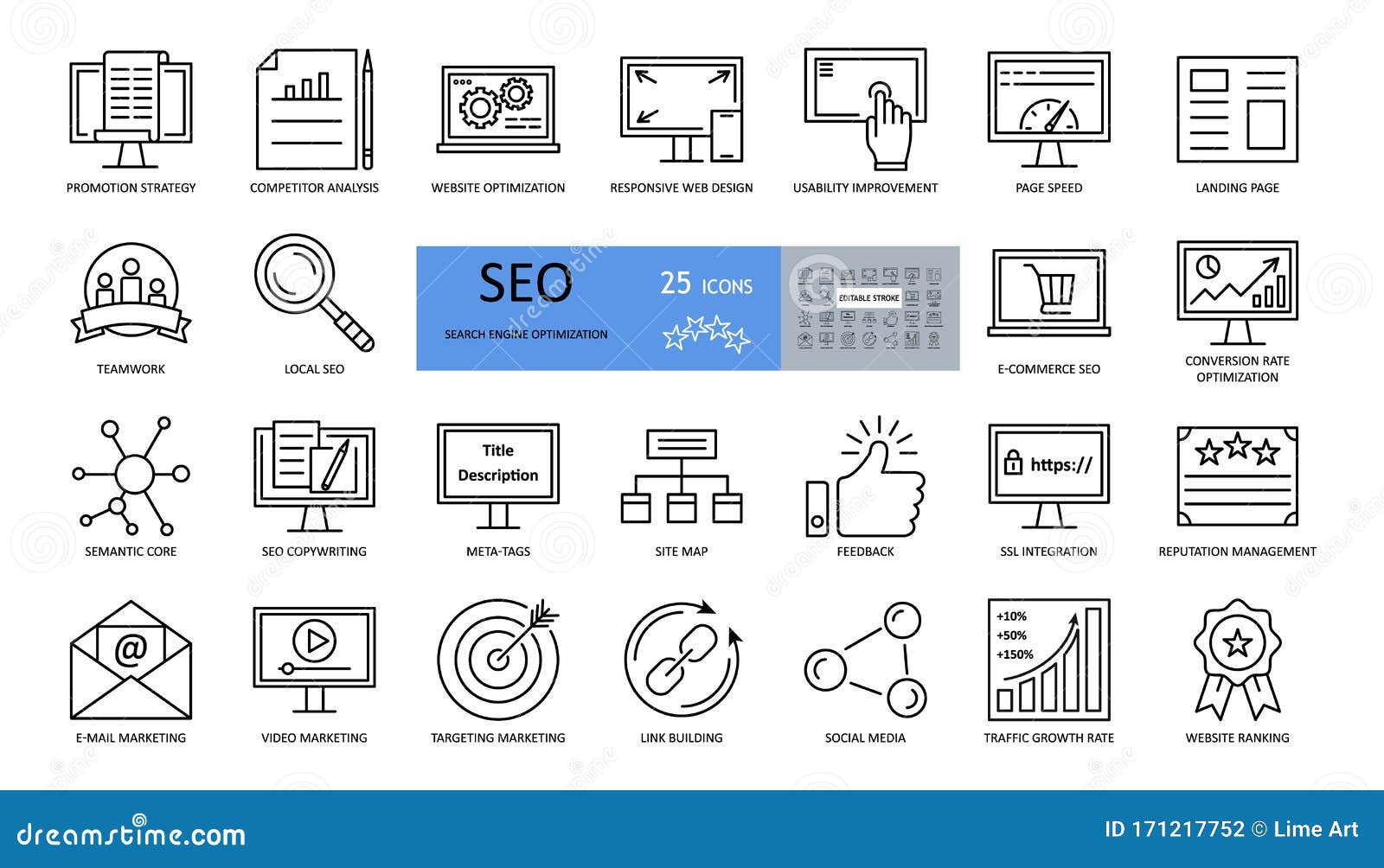  set of seo optimization icons with editable stroke. strategy, competitor analysis, responsive web , usability