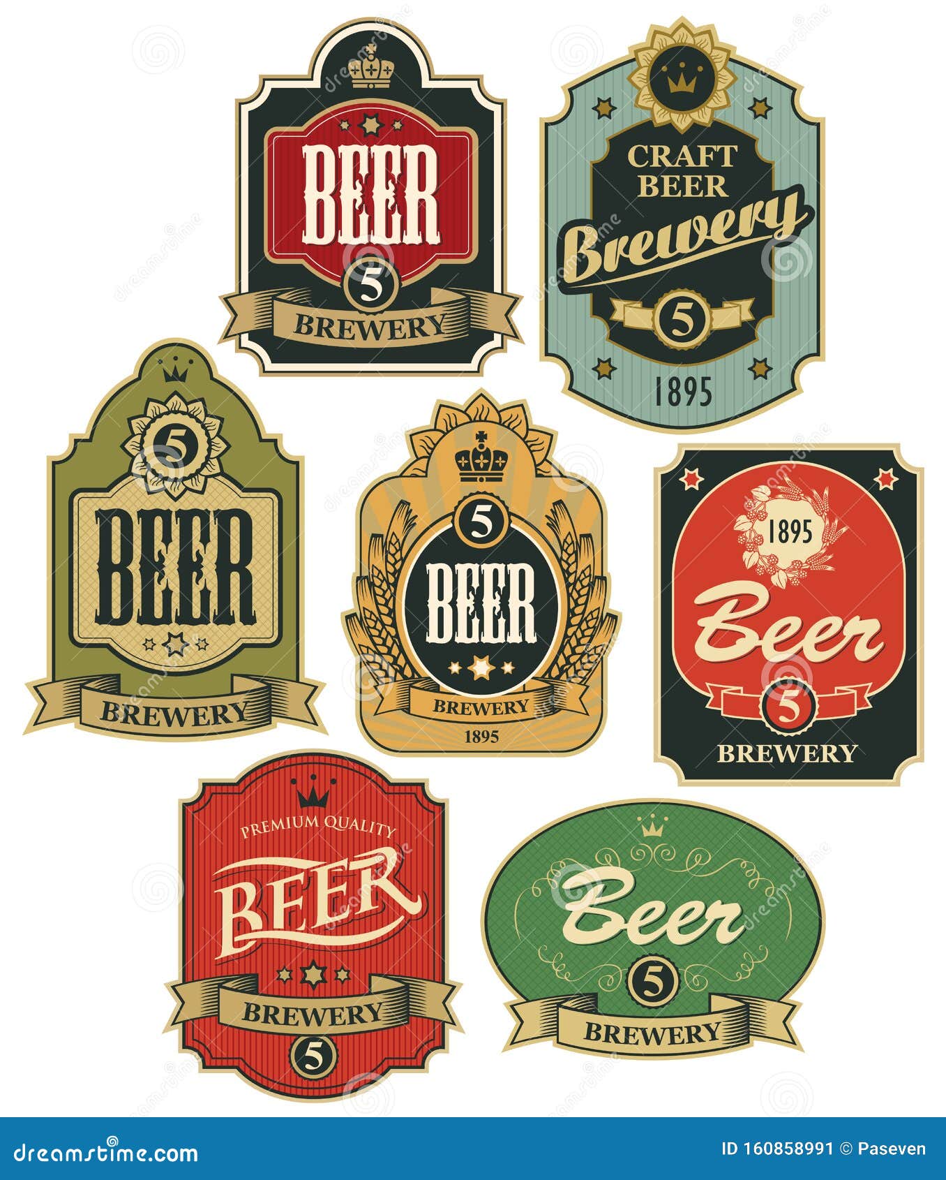 Vector Set of Seven Beer Labels in Retro Style Stock Vector