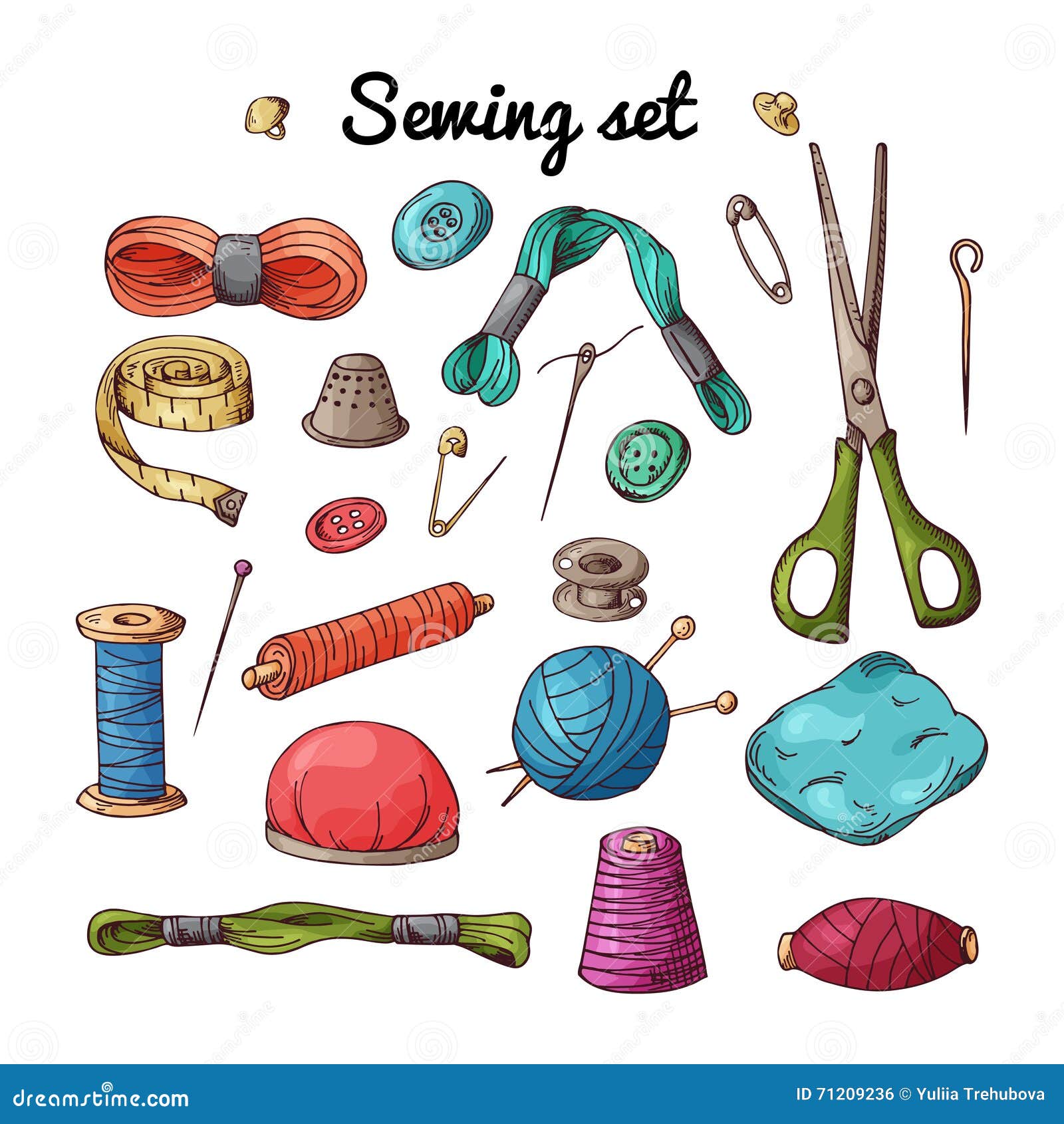 Vector Set with Sewing Equipment. Hand Drawn Tailor Tools. Stock Vector