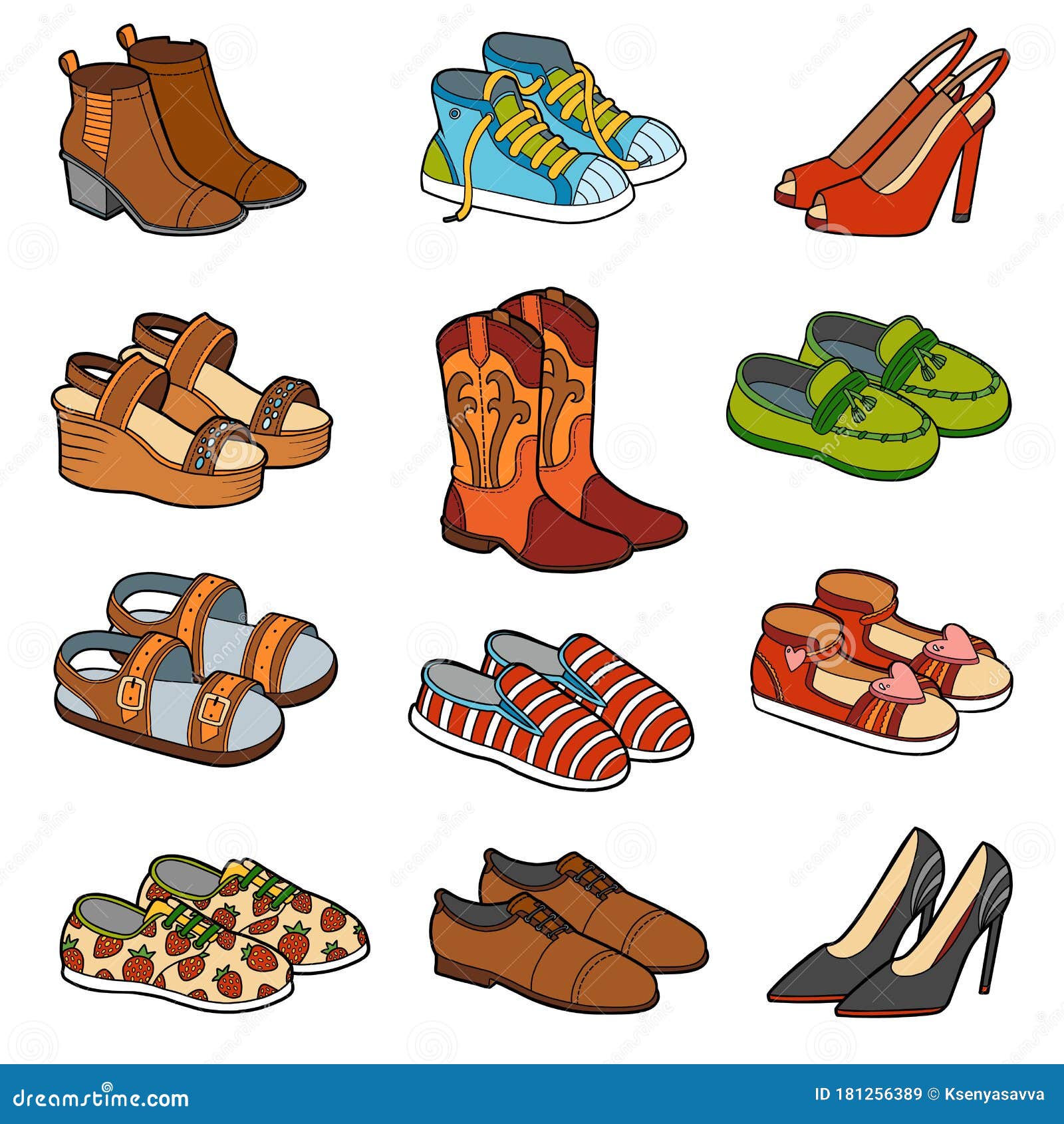 Vector Set of Shoes, Collection of Cartoon Clothes and Accessories Stock Vector - Illustration of boots, sandals: 181256389 Vector Set of Shoes, Collection of Cartoon Clothes and Accessories Stock Vector - Illustration of boots, sandals: 181256389