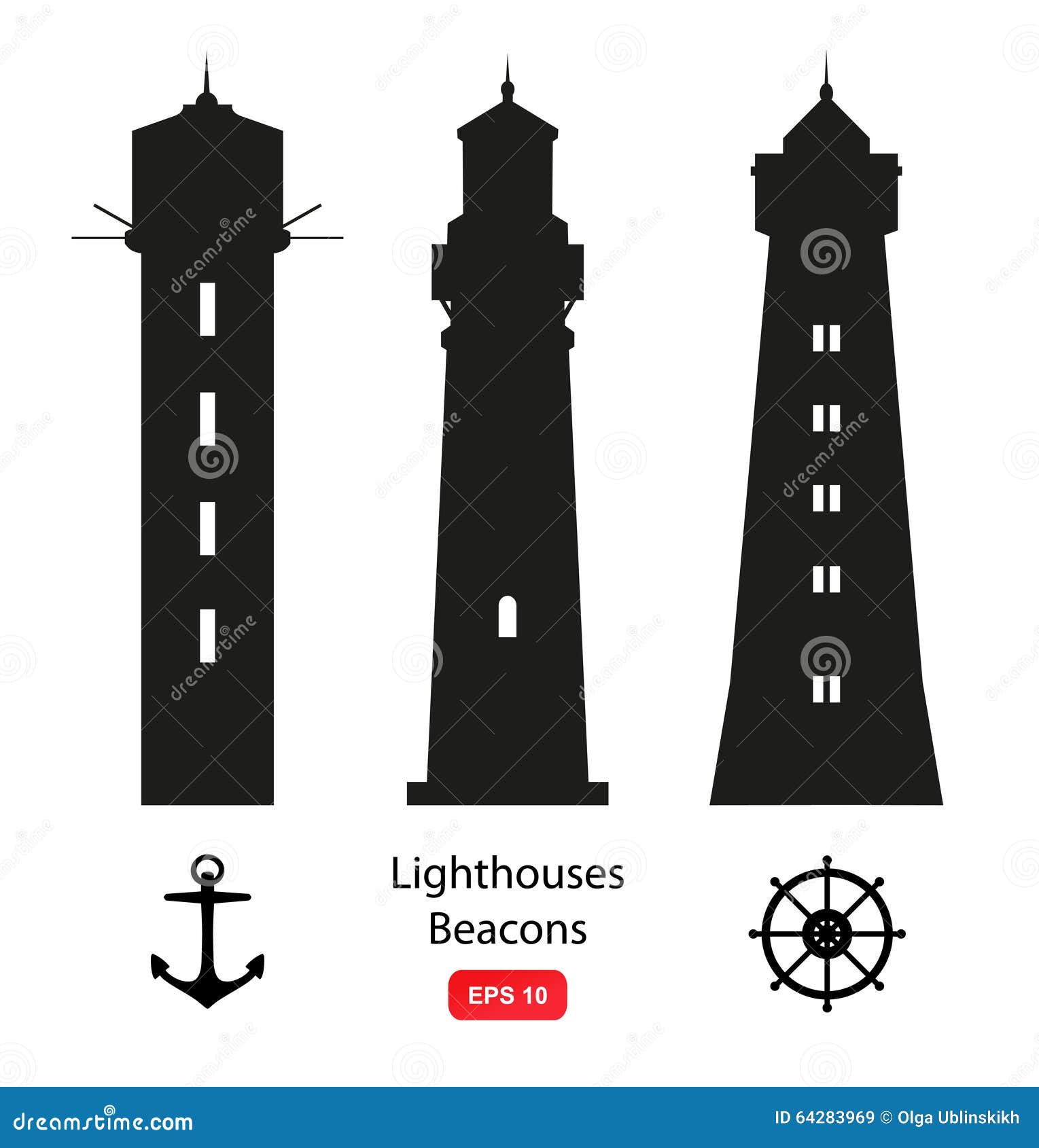  set of silhouettes with lighthouses, beacons and marine s