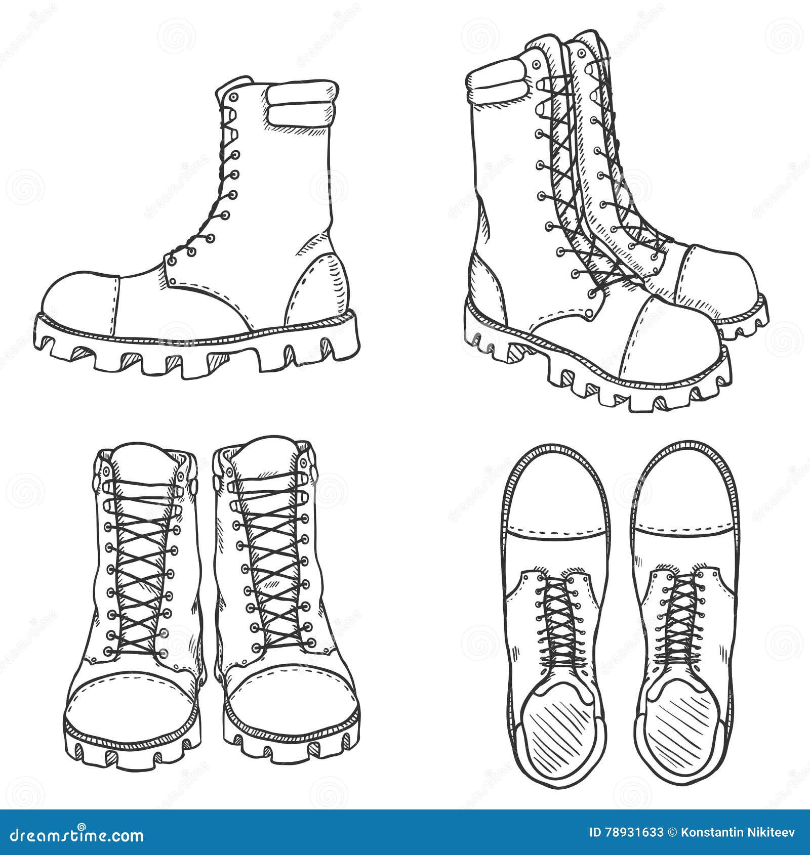 Vector Set of Sketch High Leather Army Boots. Side, Front and Top View ...