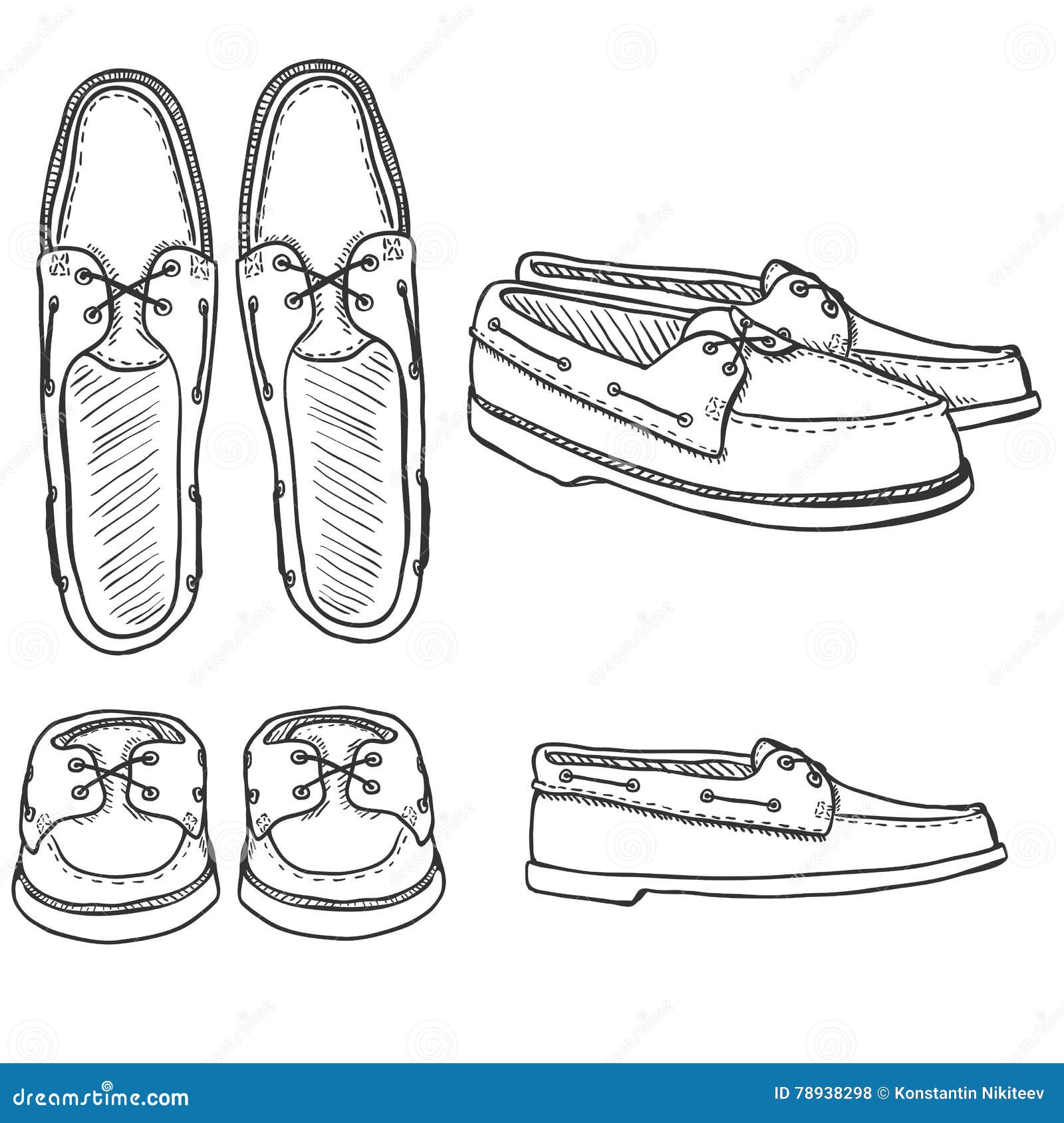 Vector Set of Sketch Topsider Men Shoes. Top, Side and Front View Stock ...