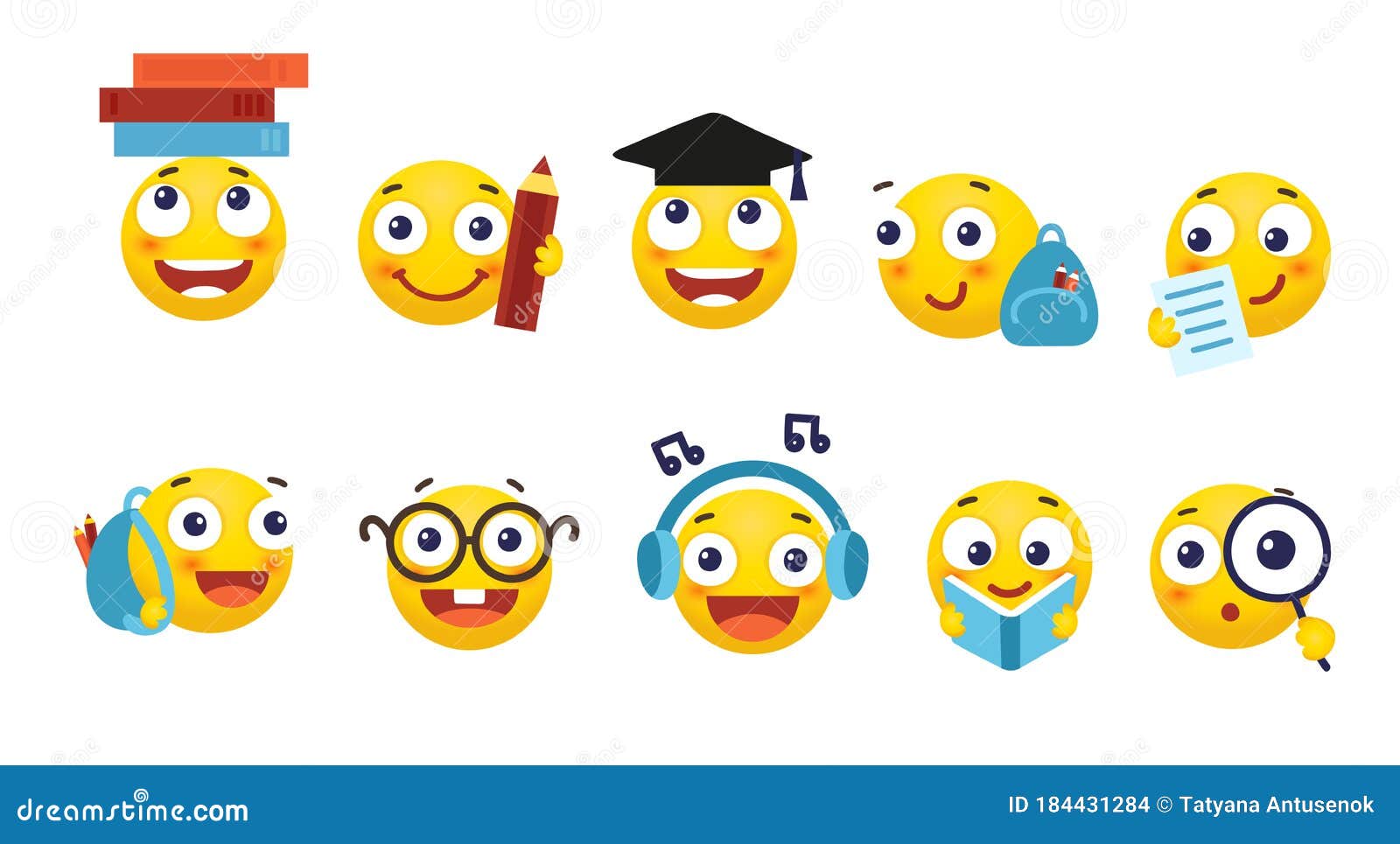 Vector Set Of Smileys For School And Education. Round Yellow Emoticons