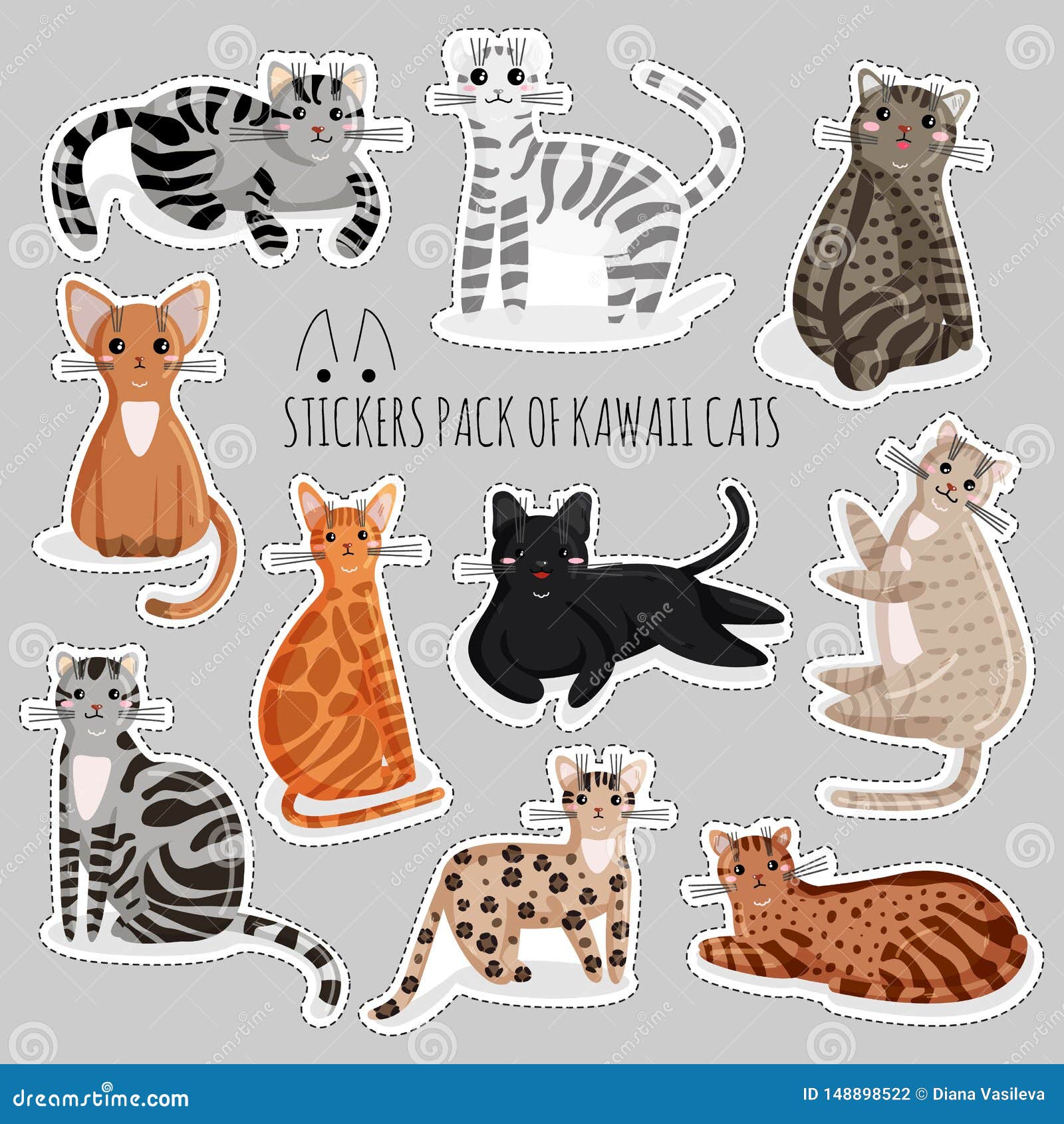 Vector Set of Stickers of Cats in Kawaii Style Stock Vector - Illustration  of funny, cartoon: 148898522