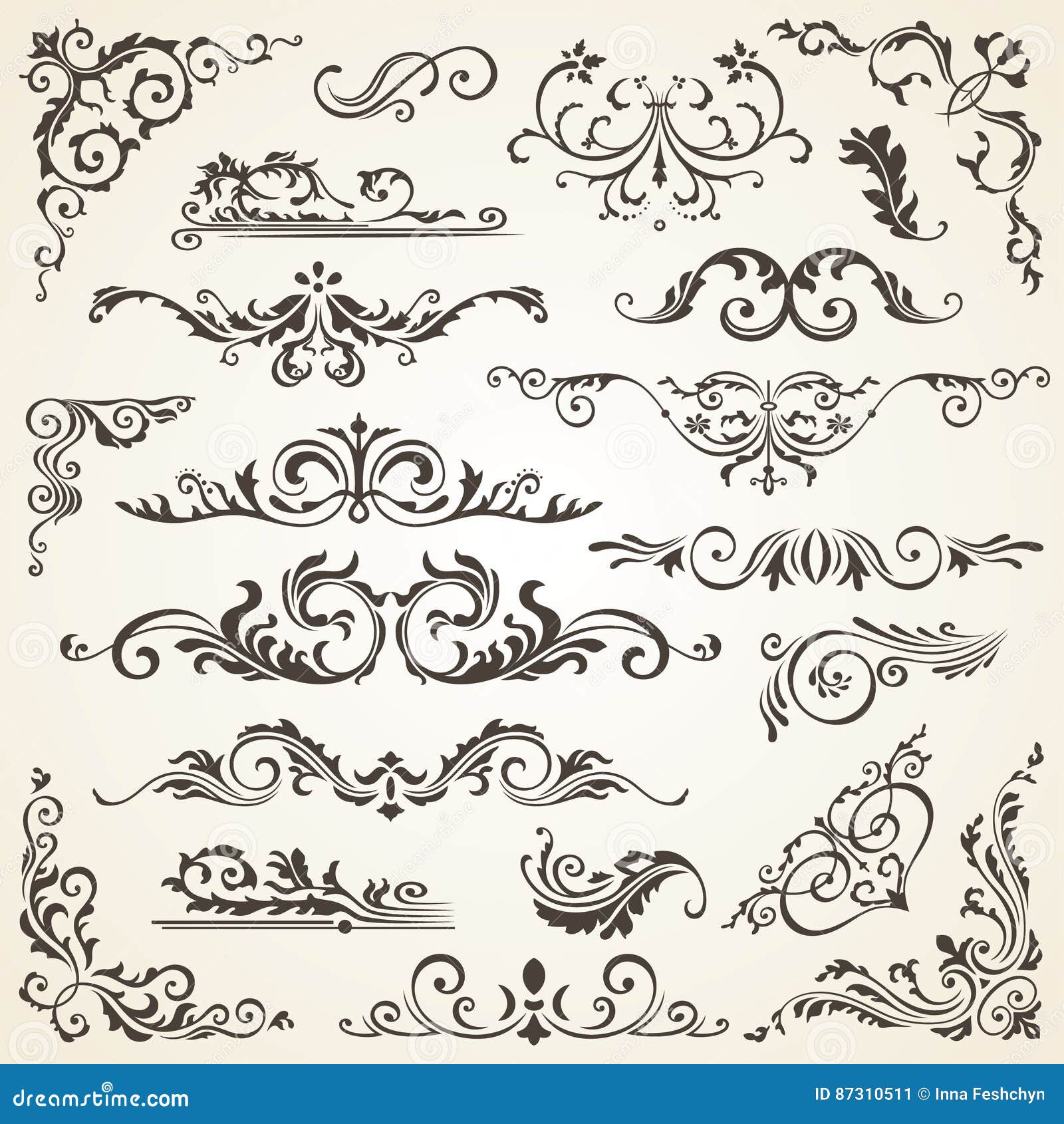  set of swirl s for . calligraphic page decoration, labels, banners, antique and baroque frames
