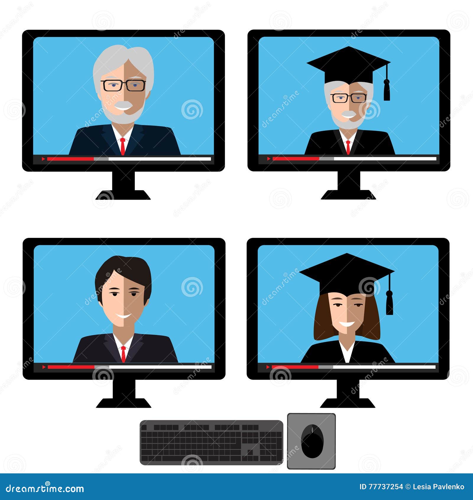  set with teachers male and female fases in computer screen.  s for business or education concept.