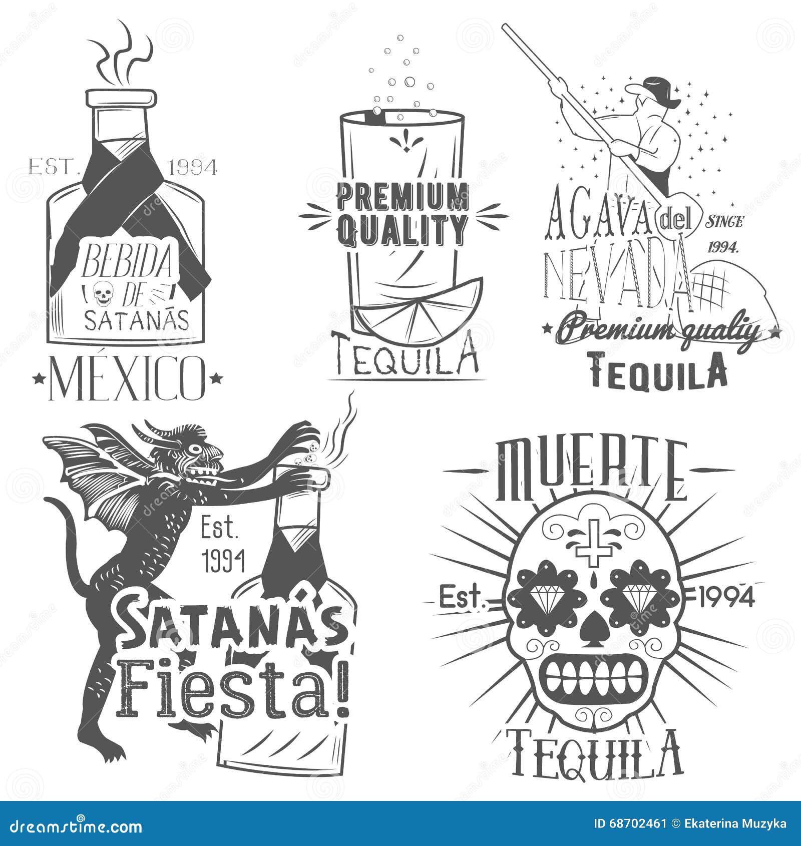  set of tequila labels in vintage style. mexican alcohol drink, berida. hand drawn menu  s, icons