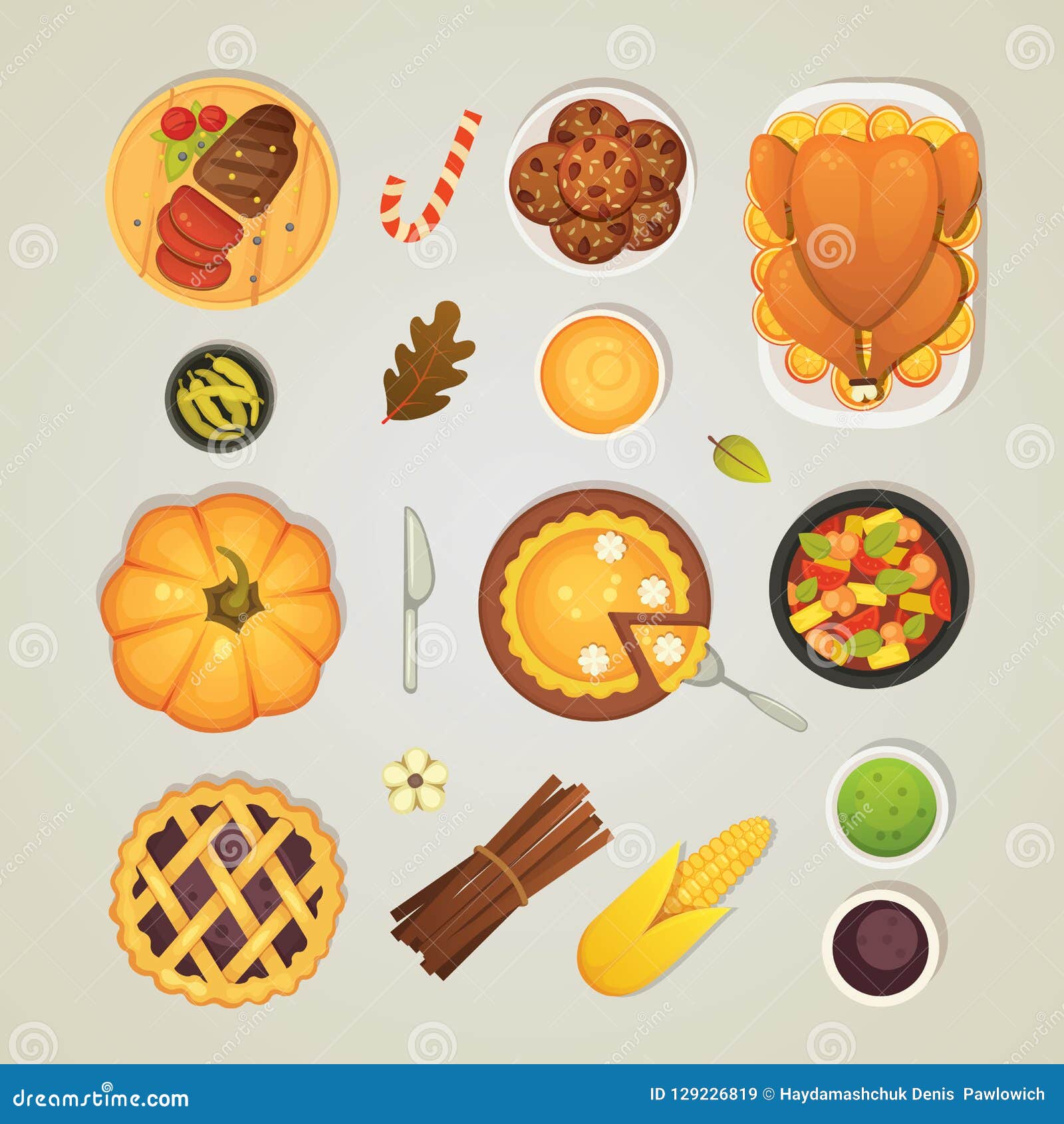 Vector Set Thanksgiving Dinner Icons, Top View. Food on the Table ...
