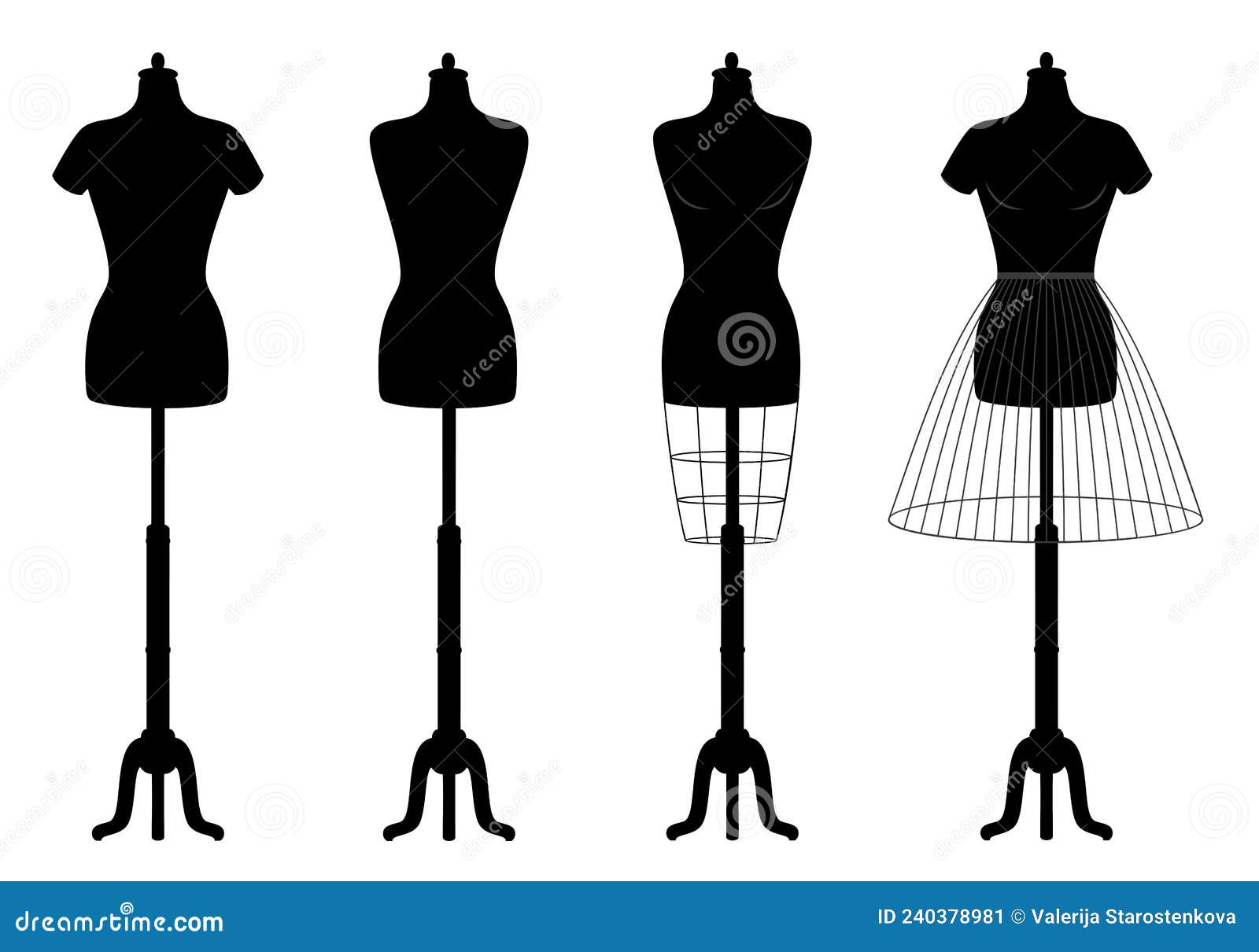 Vector Set of Various Female Mannequins with Crinolines in Black Color ...