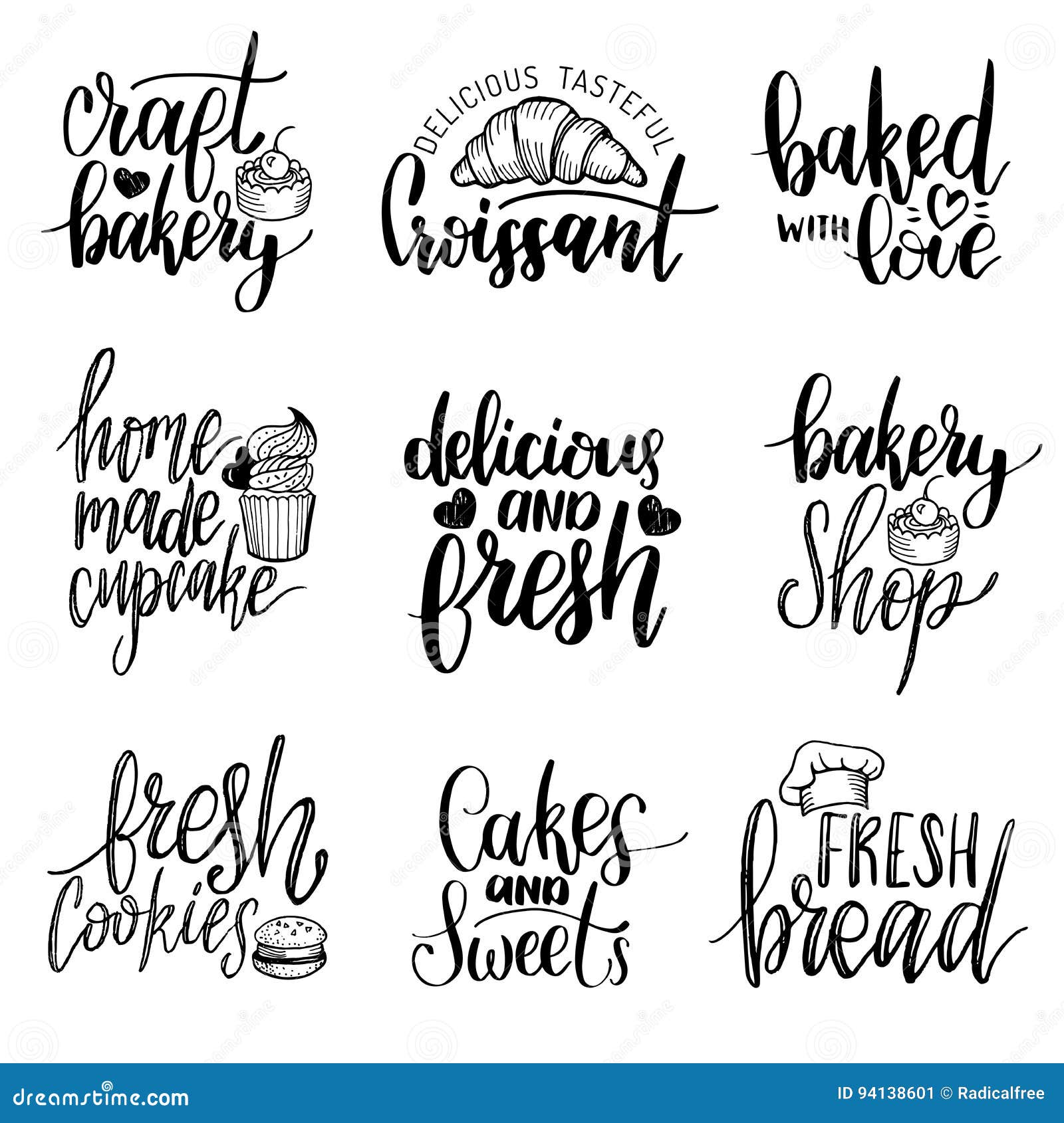 Vector Set of Vintage Bakery Hand Lettering.Calligraphy Collection with