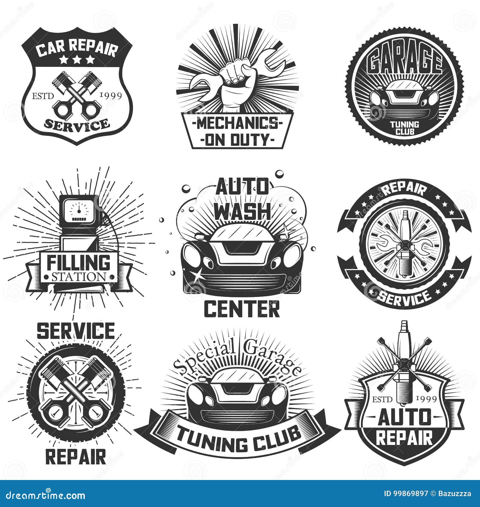 Car Service Logos Vintage Vector Labels, Badges and Icons Set Stock ...