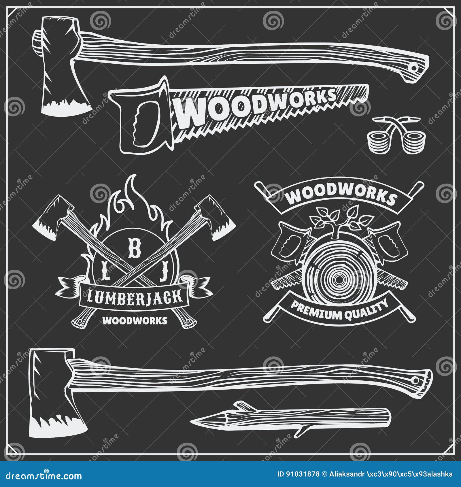  set of vintage lumberjack logos, labels, emblems and  s. axes and saws.