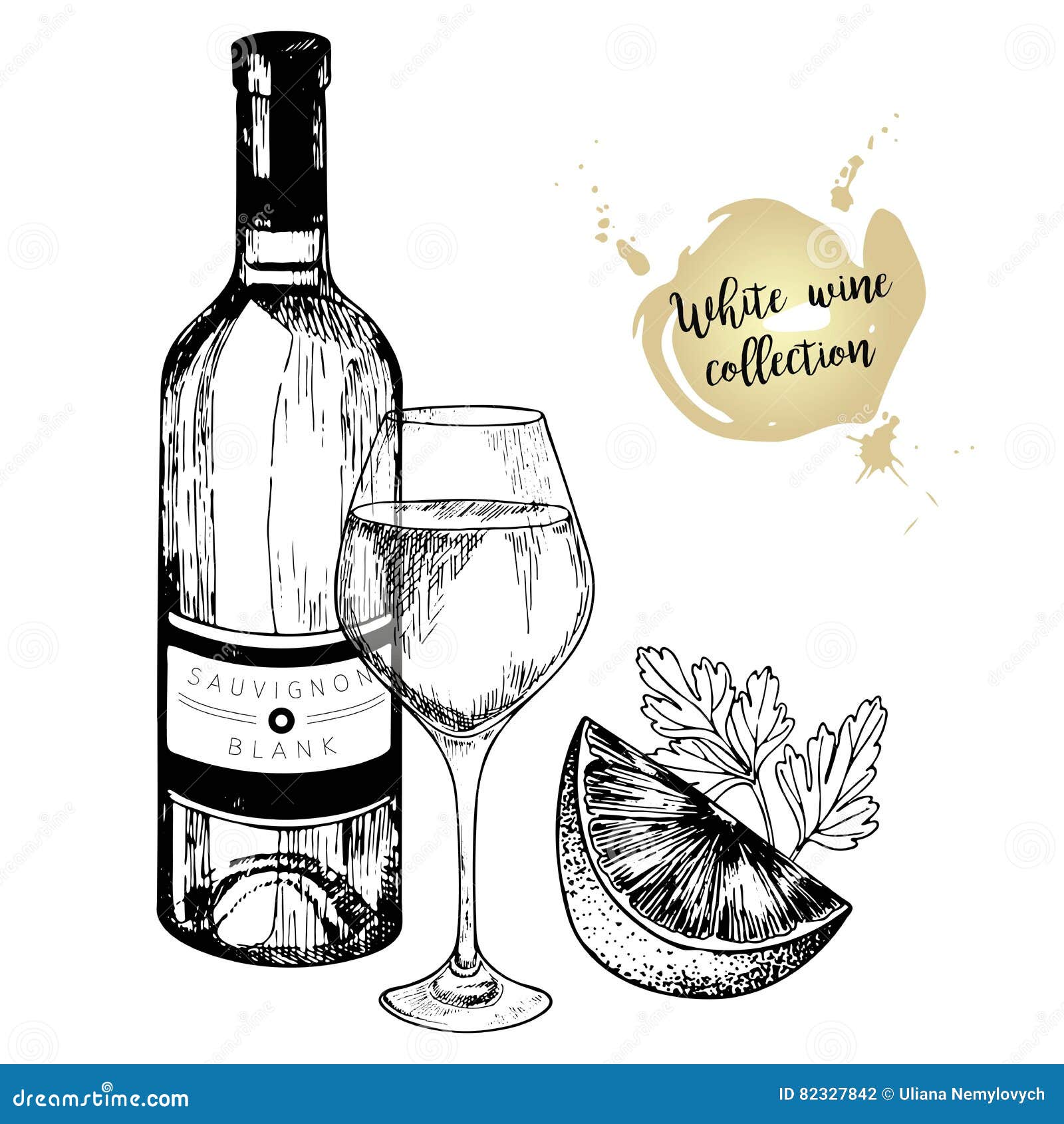 Download Vector Set Of White Wine In Engraved Vintage Style. Wine Bottle, Glass, Lime And Parsley. On ...