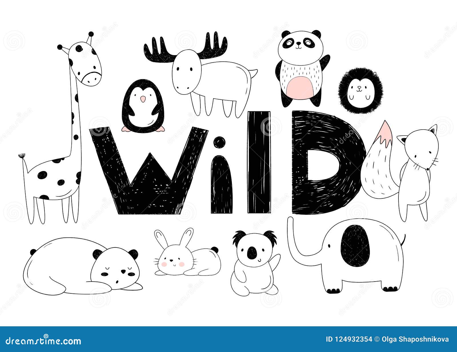 Vector Set of Wild Animals. Drawings by Hand. Cartoon Zoo. 10 Objects,  Inscription. Stock Vector - Illustration of animal, elements: 124932354