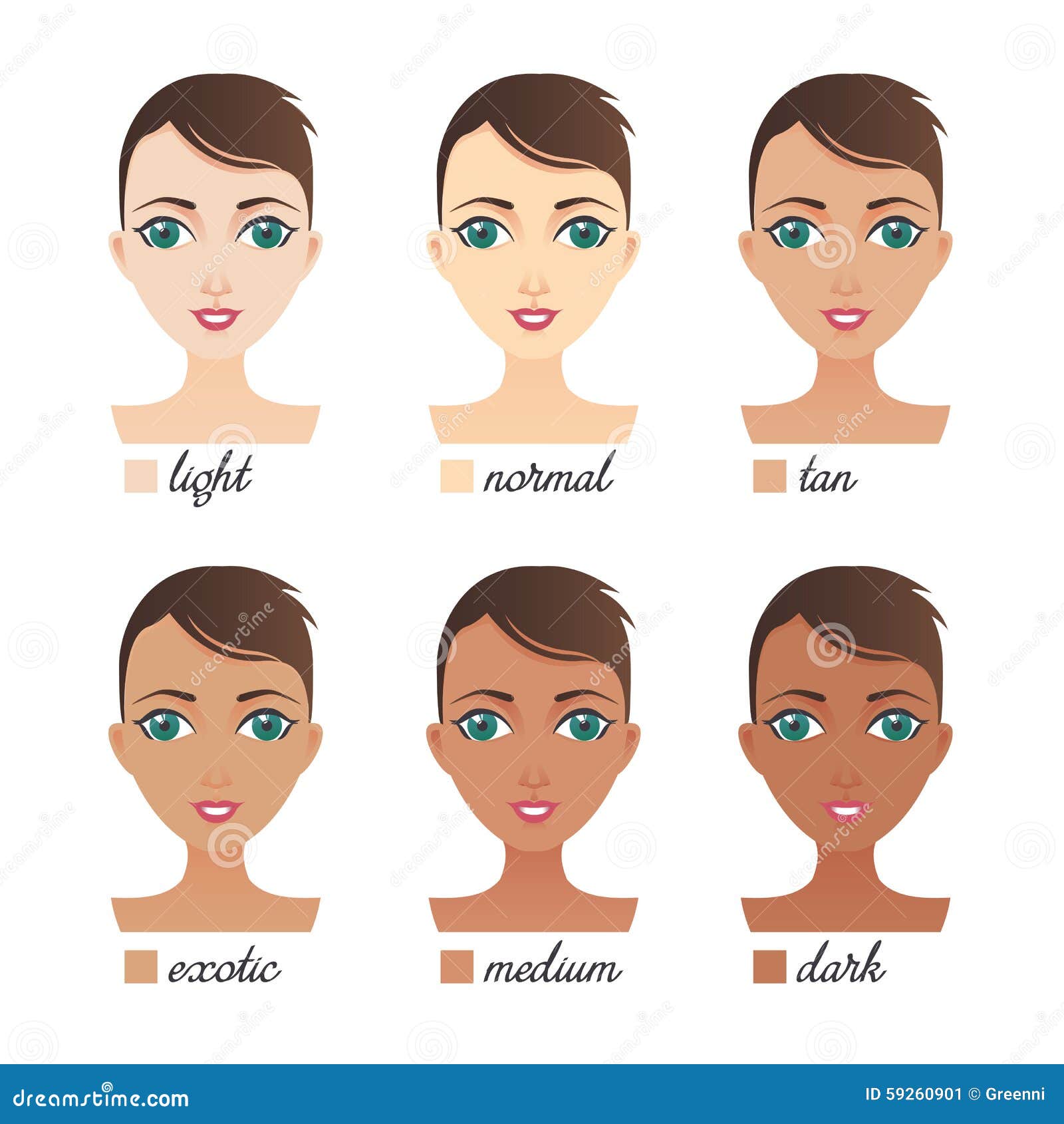 Vector Set of 6 Women Faces with Skin Tone from Light To Dark Sk Stock  Vector - Illustration of suntanned, closed: 59260901