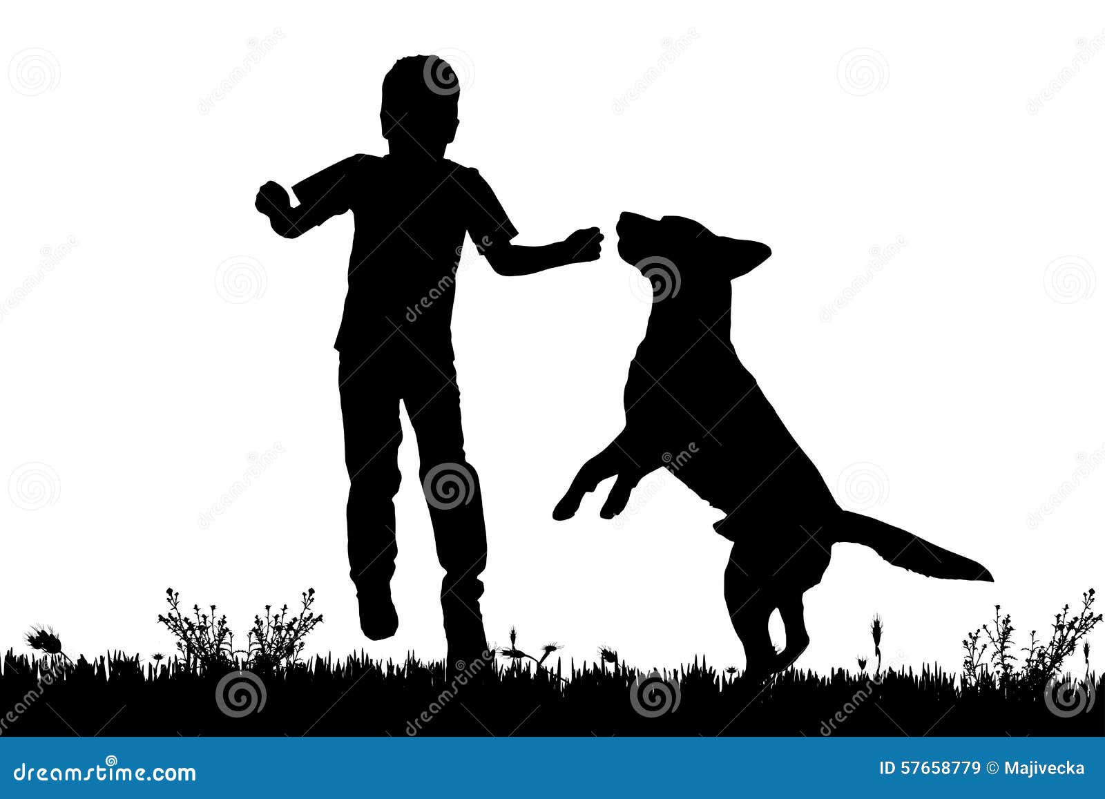Vector Silhouette Of A Boy With A Dog. Stock Illustration
