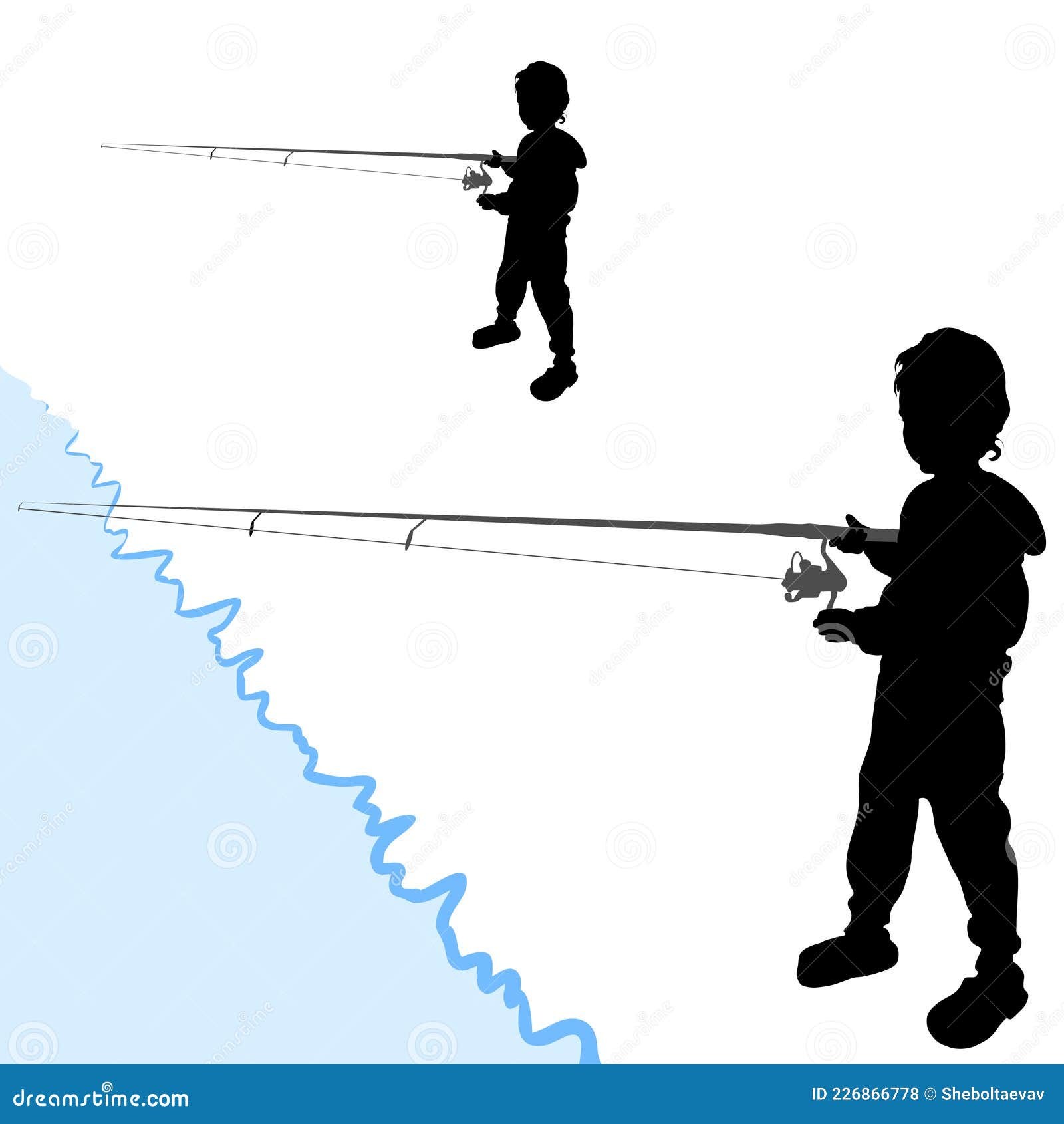 Vector Little 4 - 5 Year Old Boy Fishing with a Spinning Rod