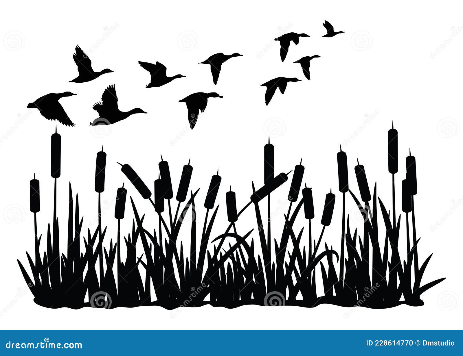  silhouette of duck bird flock flight over marsh herbs  on white background. group of wild ducks and typhaceae marsh