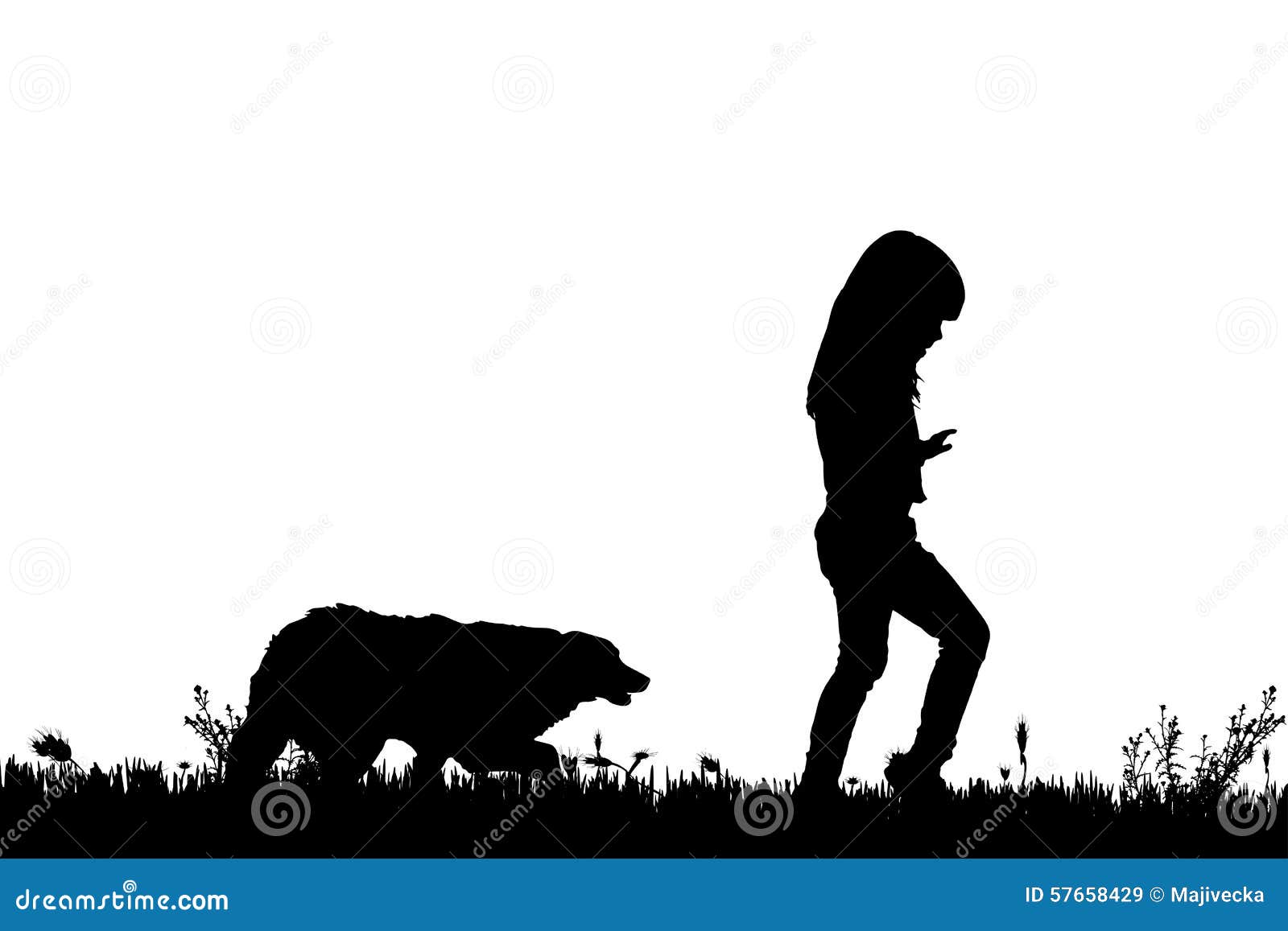 Vector Silhouette Of A Girl With A Dog. Stock Illustration
